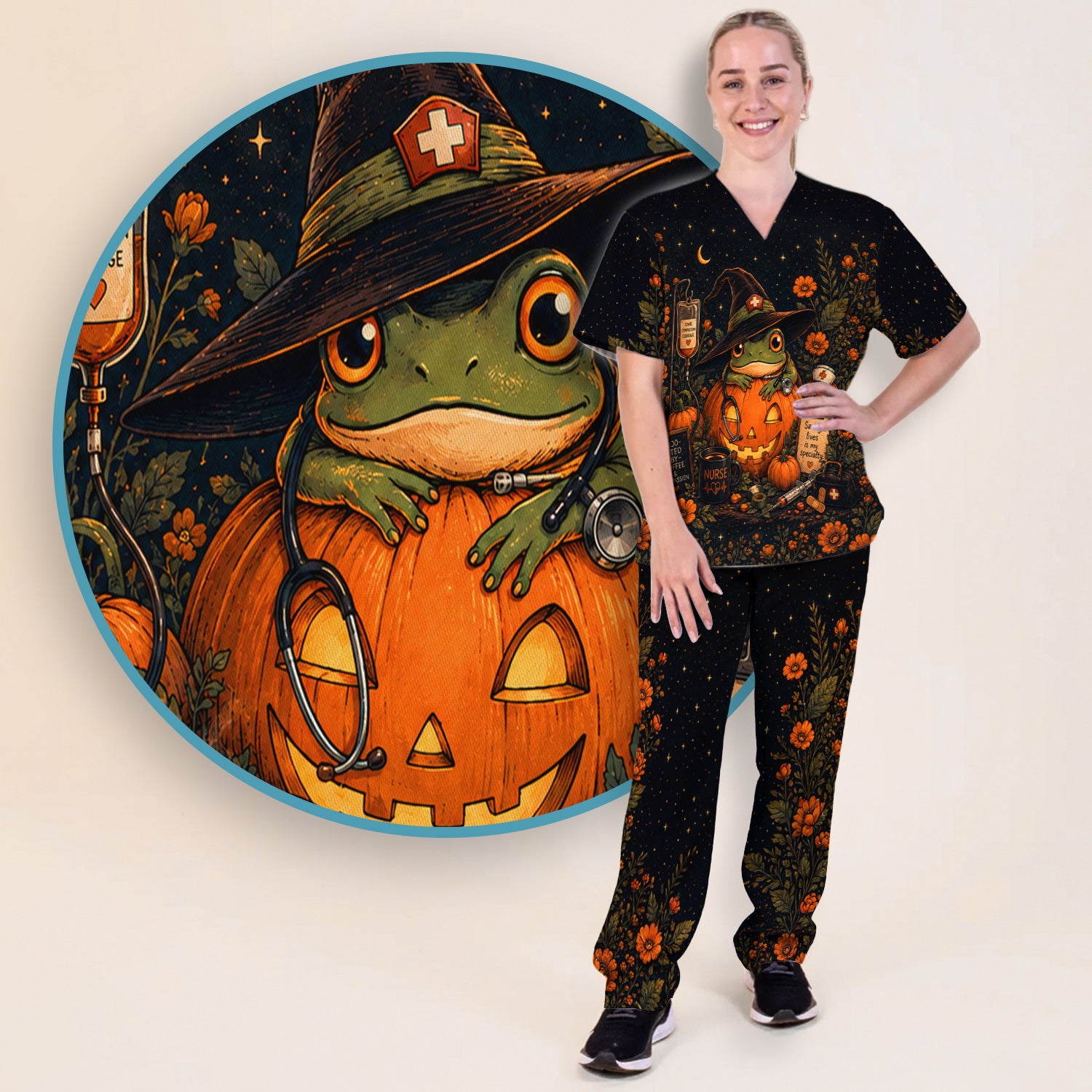 Halloween Witch Frog Pumpkin Scrub Set, Scrub Pants and V Neck Top