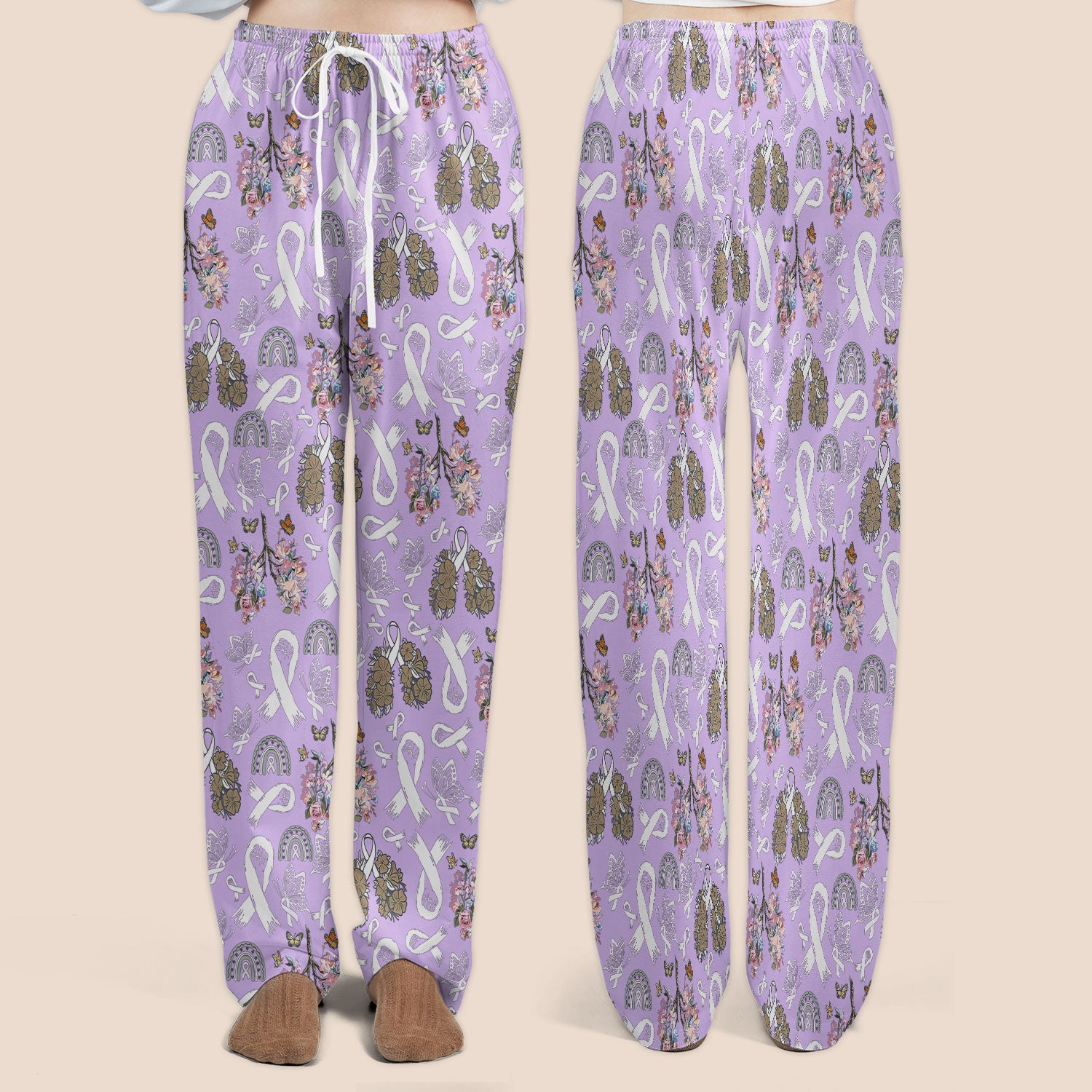 Lung Cancer Awareness Scrub Sets for Women - White Ribbon Butterfly Floral Scrub Pants and V Neck Top - Comfortable Med Uniform for Her