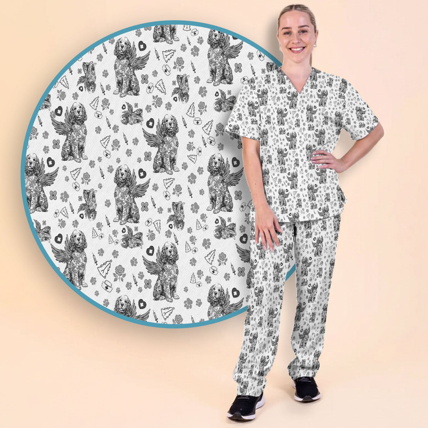 Toile De Jouy Scrub Set for Nurses - Angel Puppy Medical Uniform - Floral Dog in Heaven Gift for Women, Vet Techs, RN CNA LPN