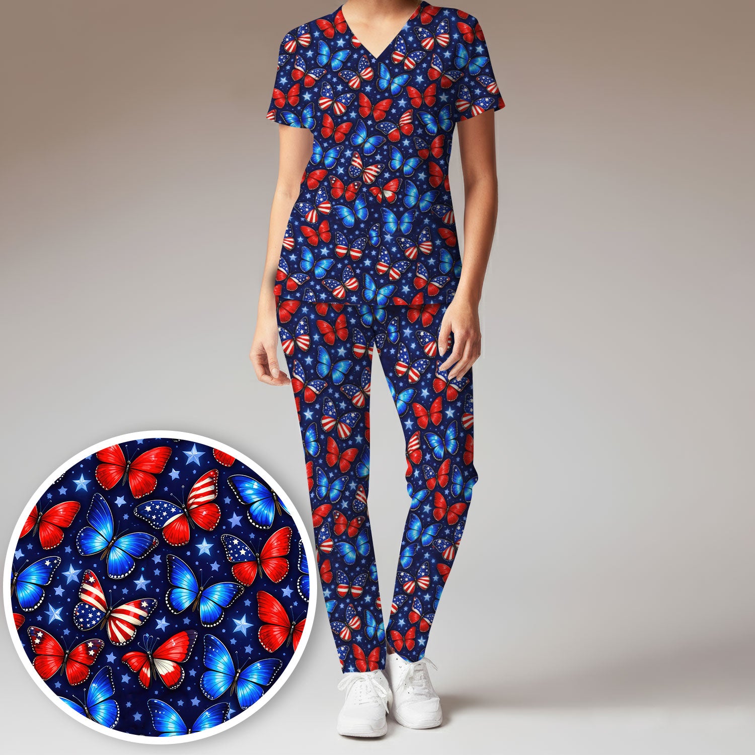Patriotic Butterfly Stars Pattern Scrubs Sets, Scrub Pants and V Neck Top