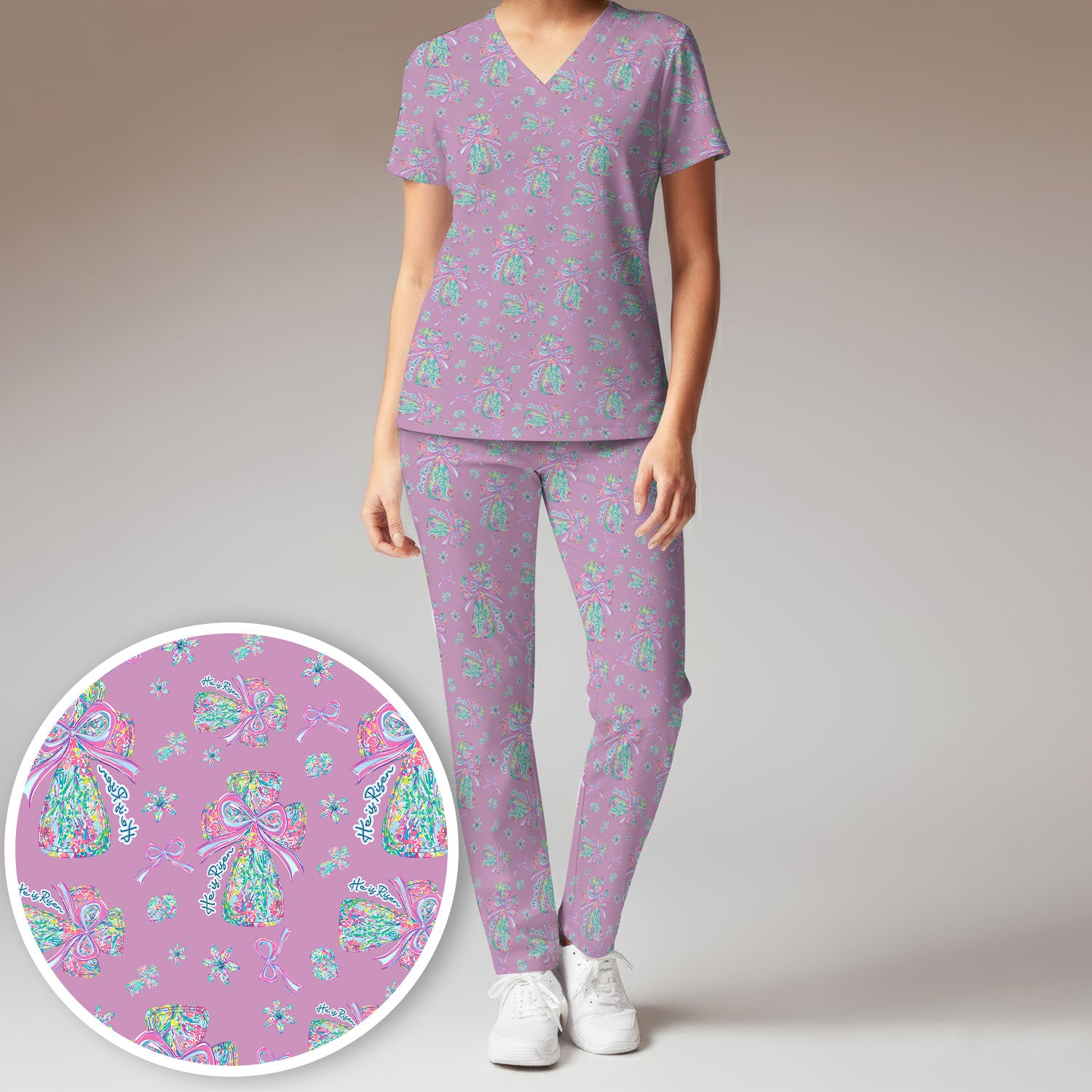 Colorful Bow Pattern Women's Scrub Sets, Breathable Med Uniform