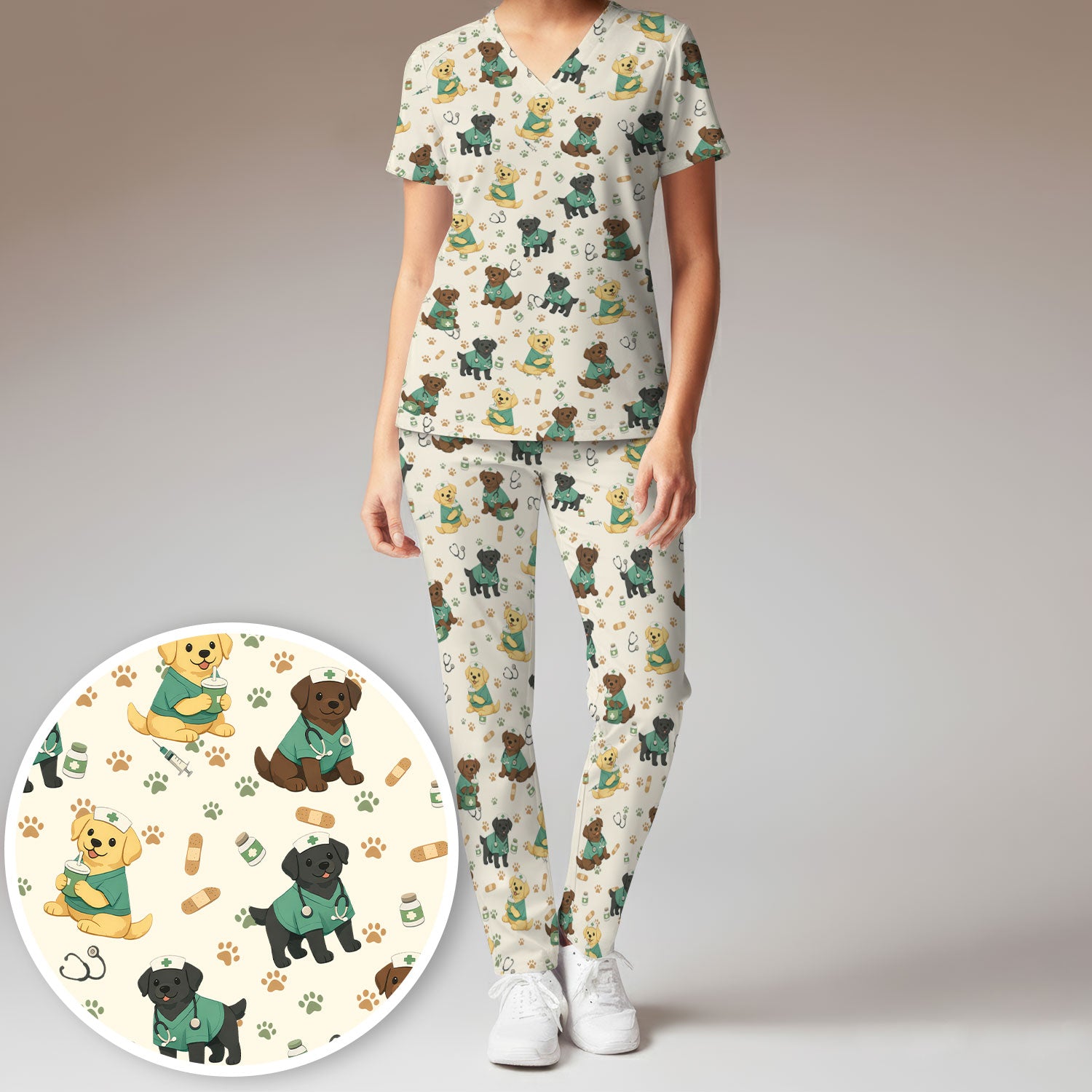 Labrador Retriever Nurse Scrub Set, Cute Medical Dog Pattern Nurses Shirt, Breathable Fabrics Nursing Uniform