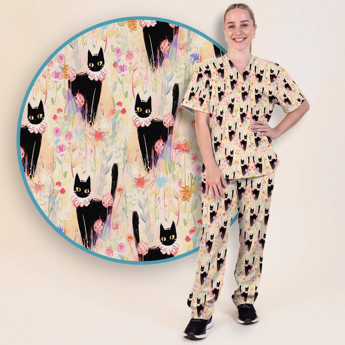 Black Cat Floral Garden Nurse Pattern Scrub Set, Scrub Pants and V Neck Top