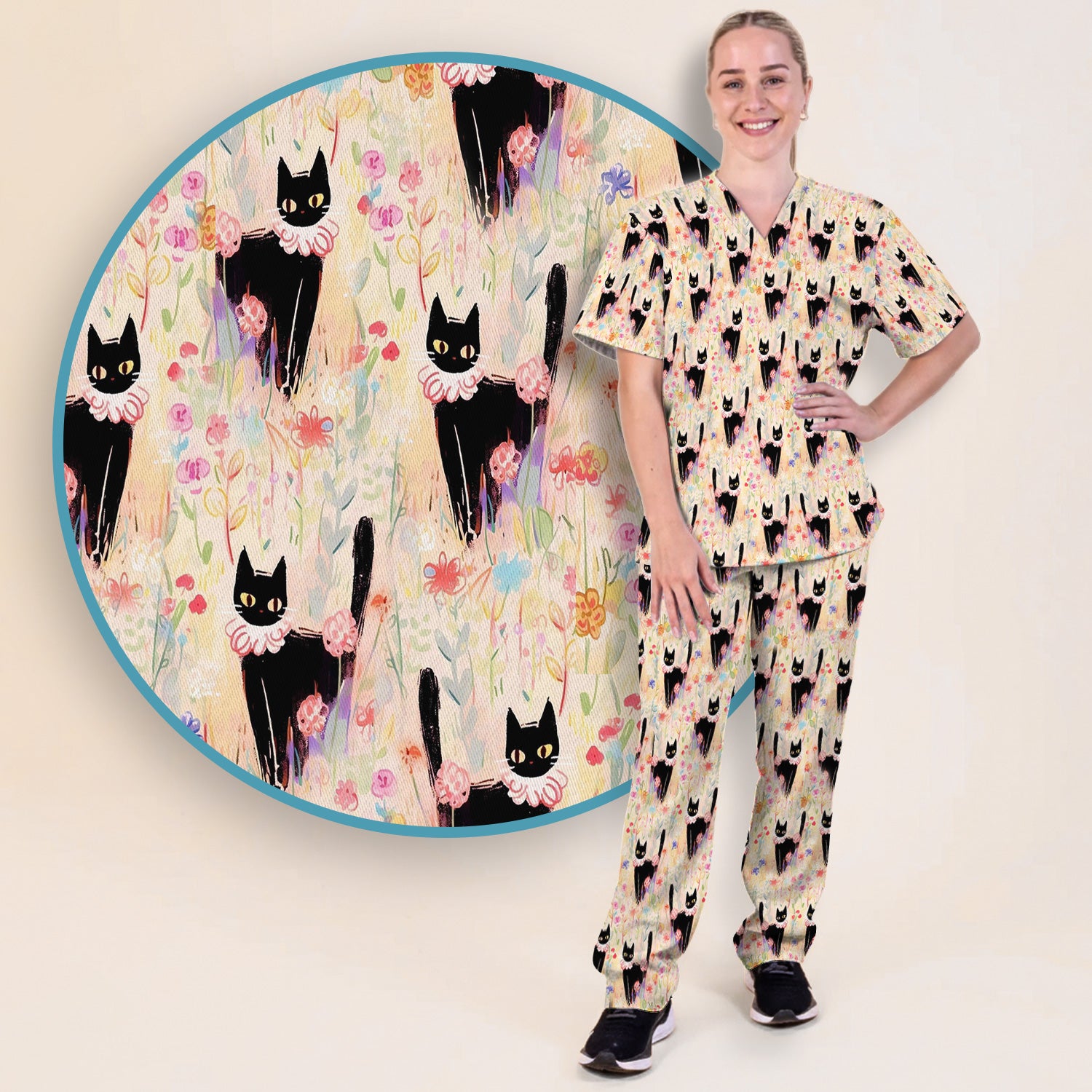 Black Cat Floral Garden Nurse Pattern Scrub Set, Scrub Pants and V Neck Top