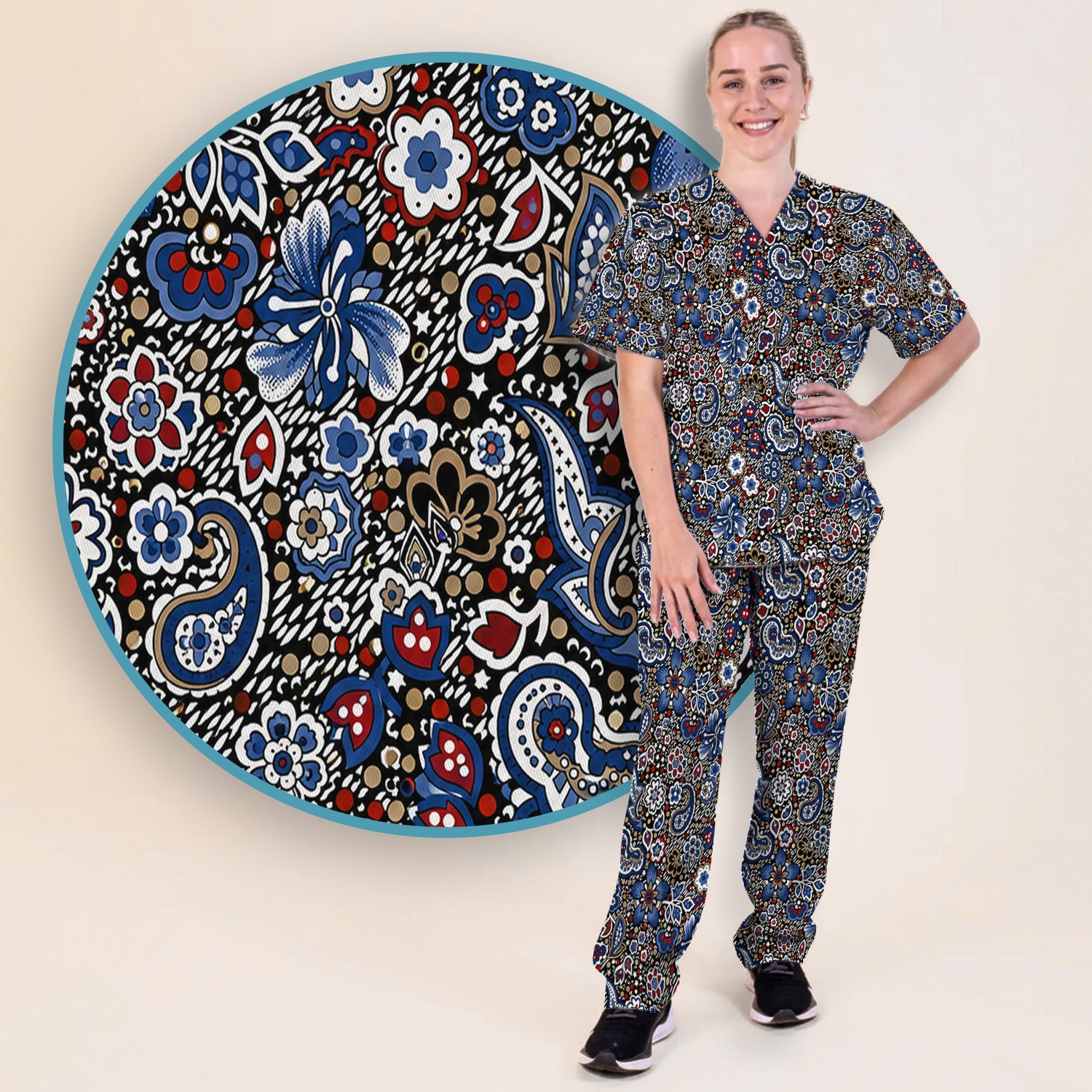 Classic Paisley Floral Pattern Scrub Set, Scrub Pants and V Neck Top