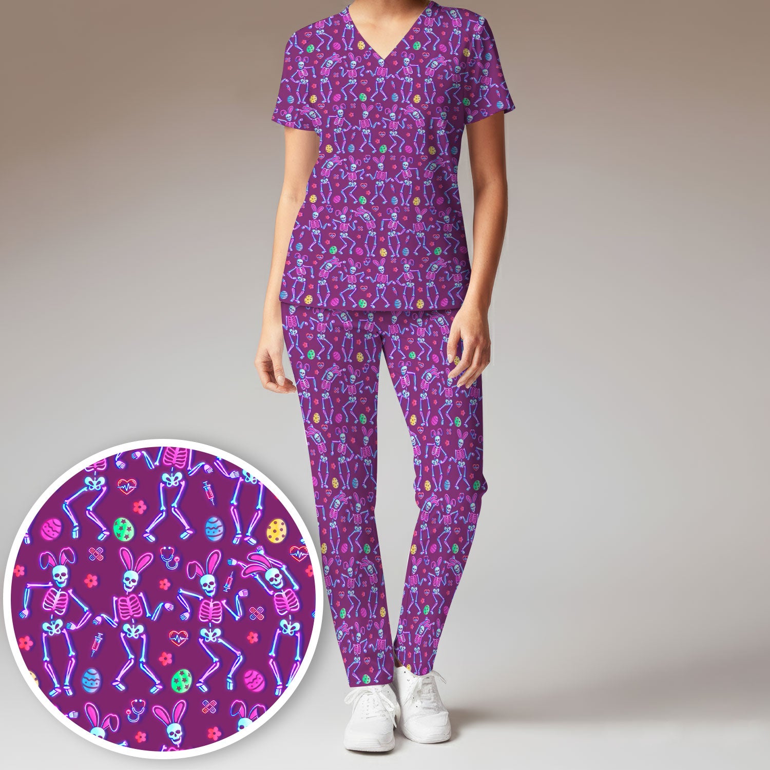 Neon Easter Skeleton Print Scrub Set, Scrub Pants and V Neck Top