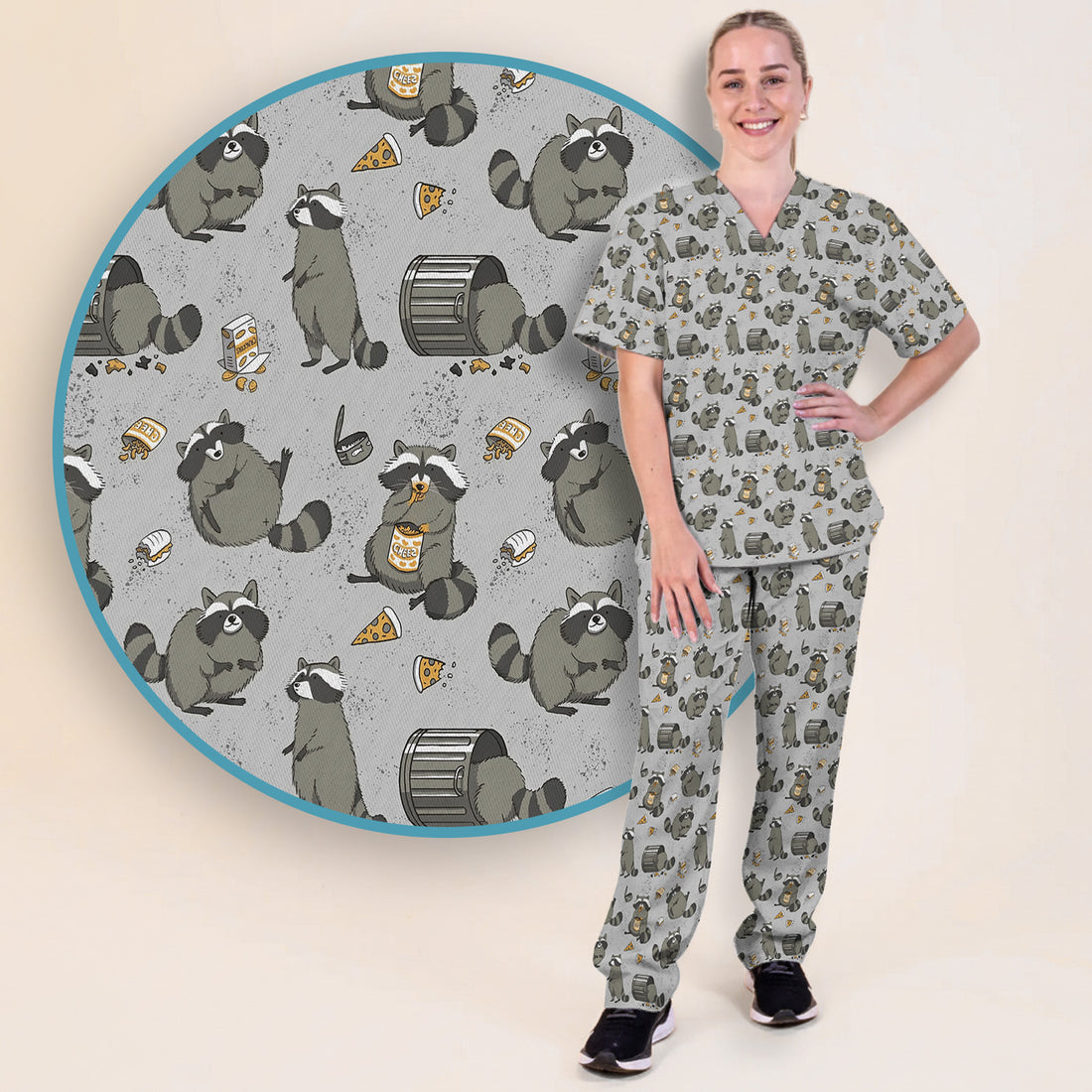 Raccoon Snack And Trash Can Pattern Scrub Set, Breathable Med Uniform