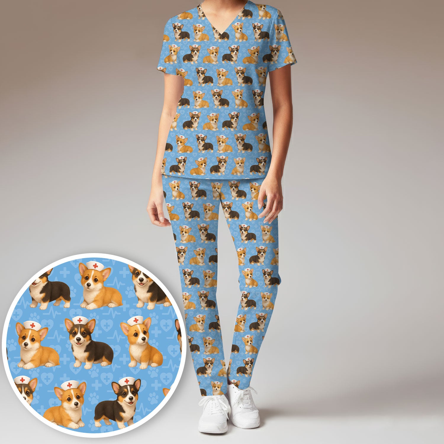 Christmas Corgi Scrubs Pattern for Women - Cute Dog Scrubs Top & Pants Set - Festive Nurse Holiday Print Medical Scrubs