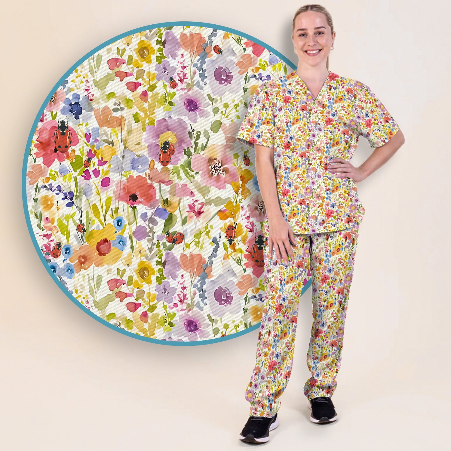 Cute Wildflower Ladybug Garden Pattern Scrub Set, Scrub Pants and V Neck Top