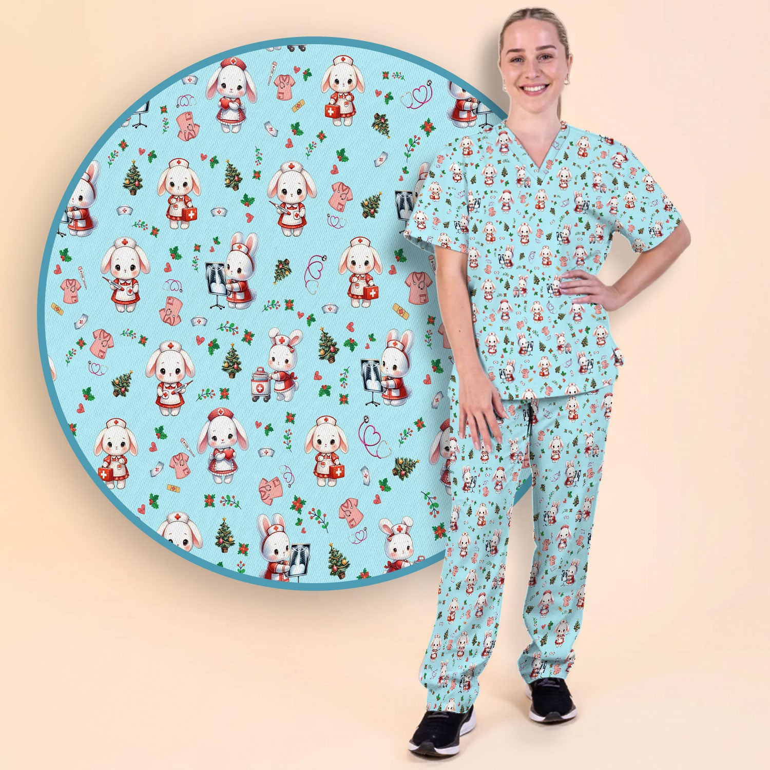 Cute Bunny Scrub Set for Nurse - Adorable Christmas Rabbit Pants and V Neck Top - Funny Holiday Medical Shirt Gift
