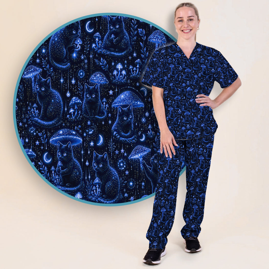 Celestial Black Cat Mushroom Pattern Scrub Set, Scrub Pants and V Neck Top