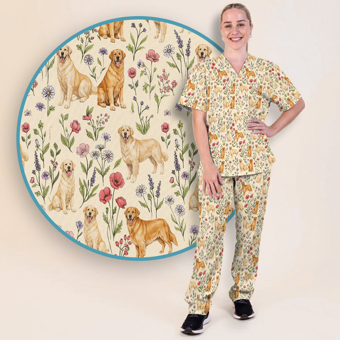 Cute Golden Retriever Floral Pattern Scrub Set, Women's Scrub Sets