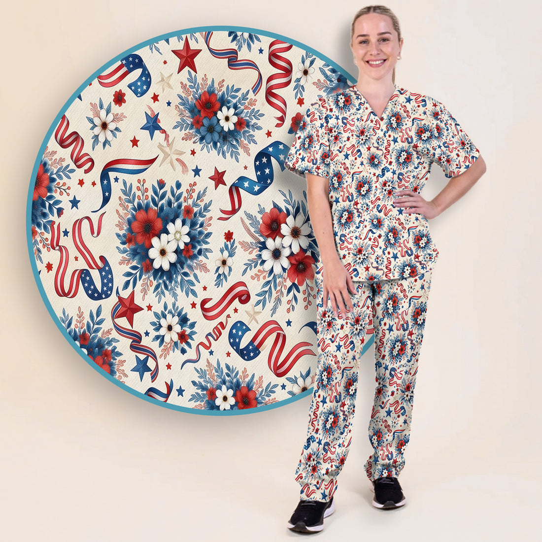 Patriotic Floral Ribbon Nurse for RN & CNA, Americana Healthcare Workers Uniform Scrub Set, Scrub Pants and V Neck Top