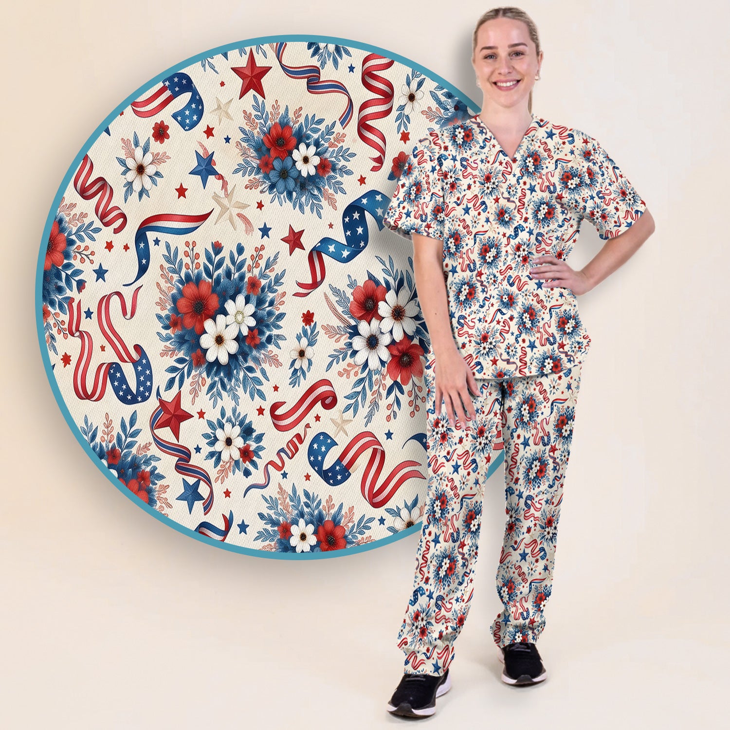 Patriotic Floral Ribbon Nurse for RN & CNA, Americana Healthcare Workers Uniform Scrub Set, Scrub Pants and V Neck Top