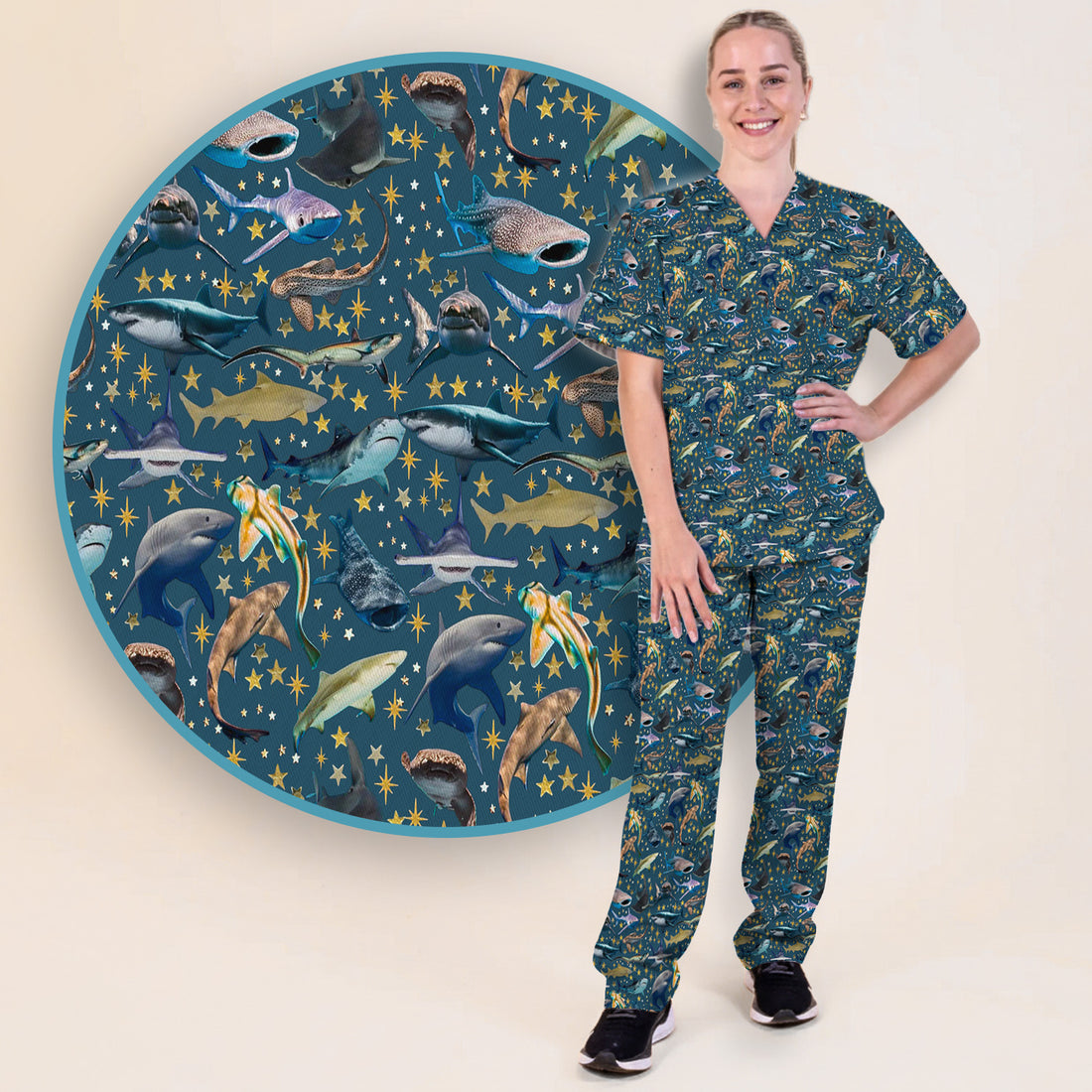 Colorful Shark Ocean Pattern Scrub Set, Women's Scrub Sets