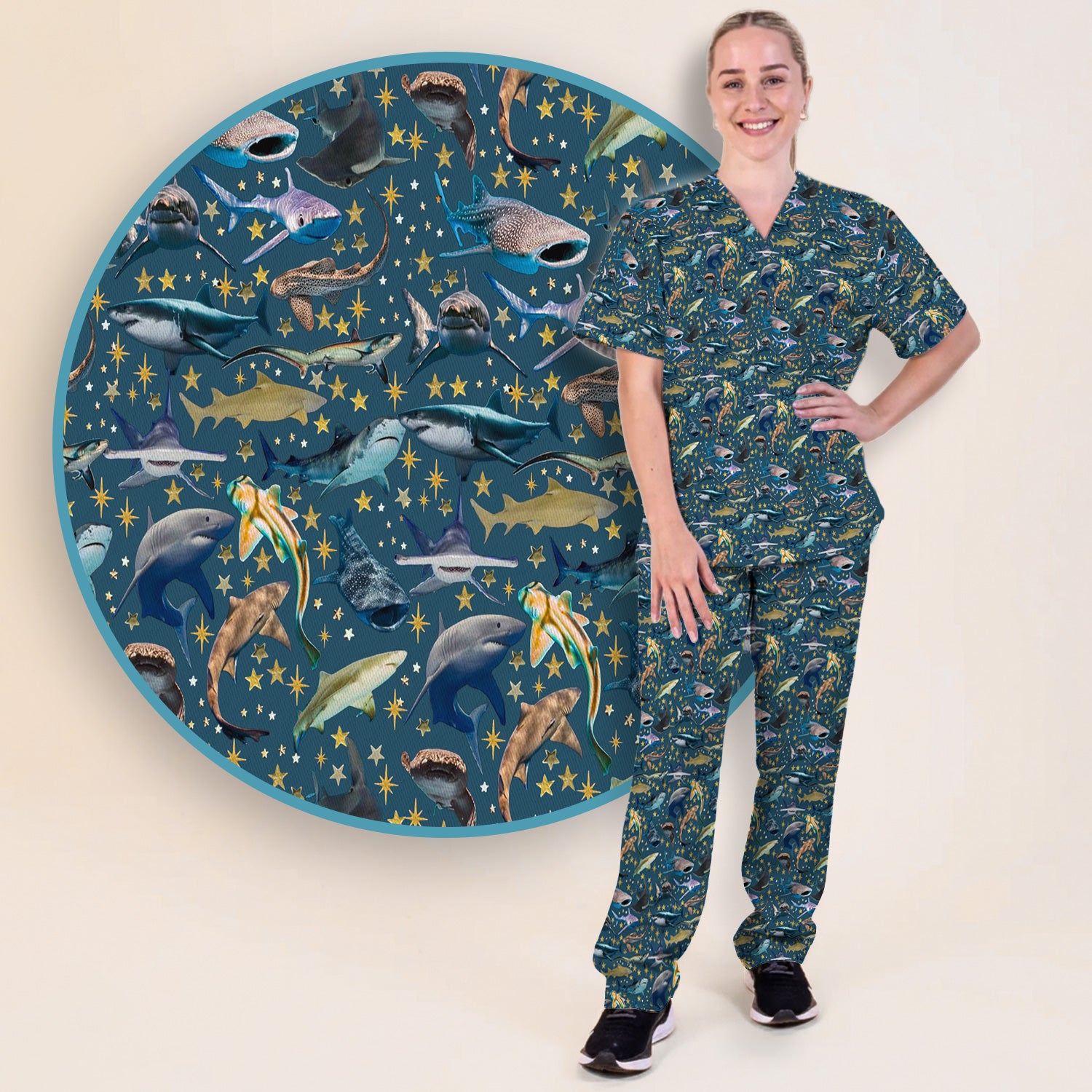 Colorful Shark Ocean Pattern Scrub Set, Women's Scrub Sets