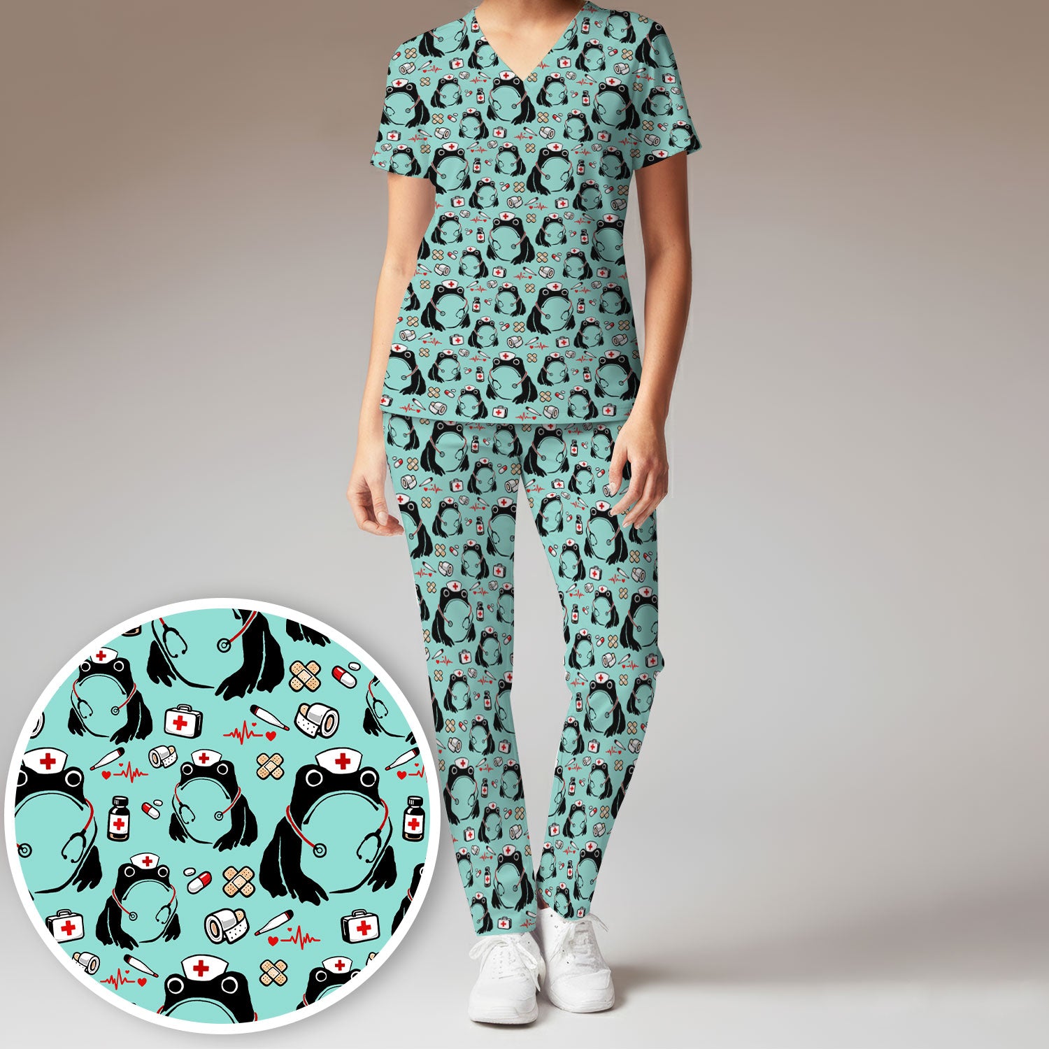 Cute Frog Nurse Medical Pattern Scrub Set, Breathable Med Uniform