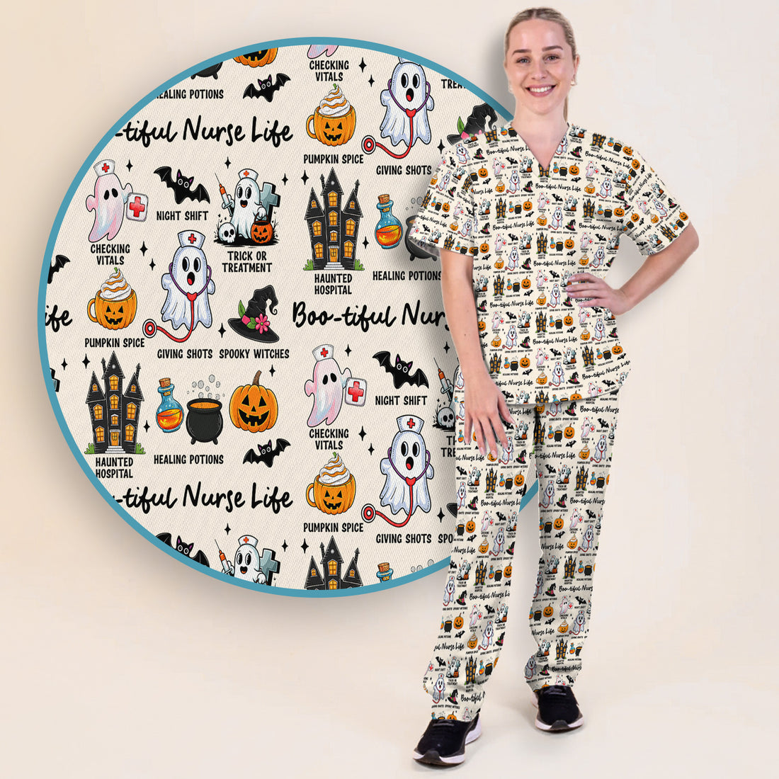 Spooky Halloween Boo-tiful Nurse Life Scrub Set, Scrub Pants and V Neck Top