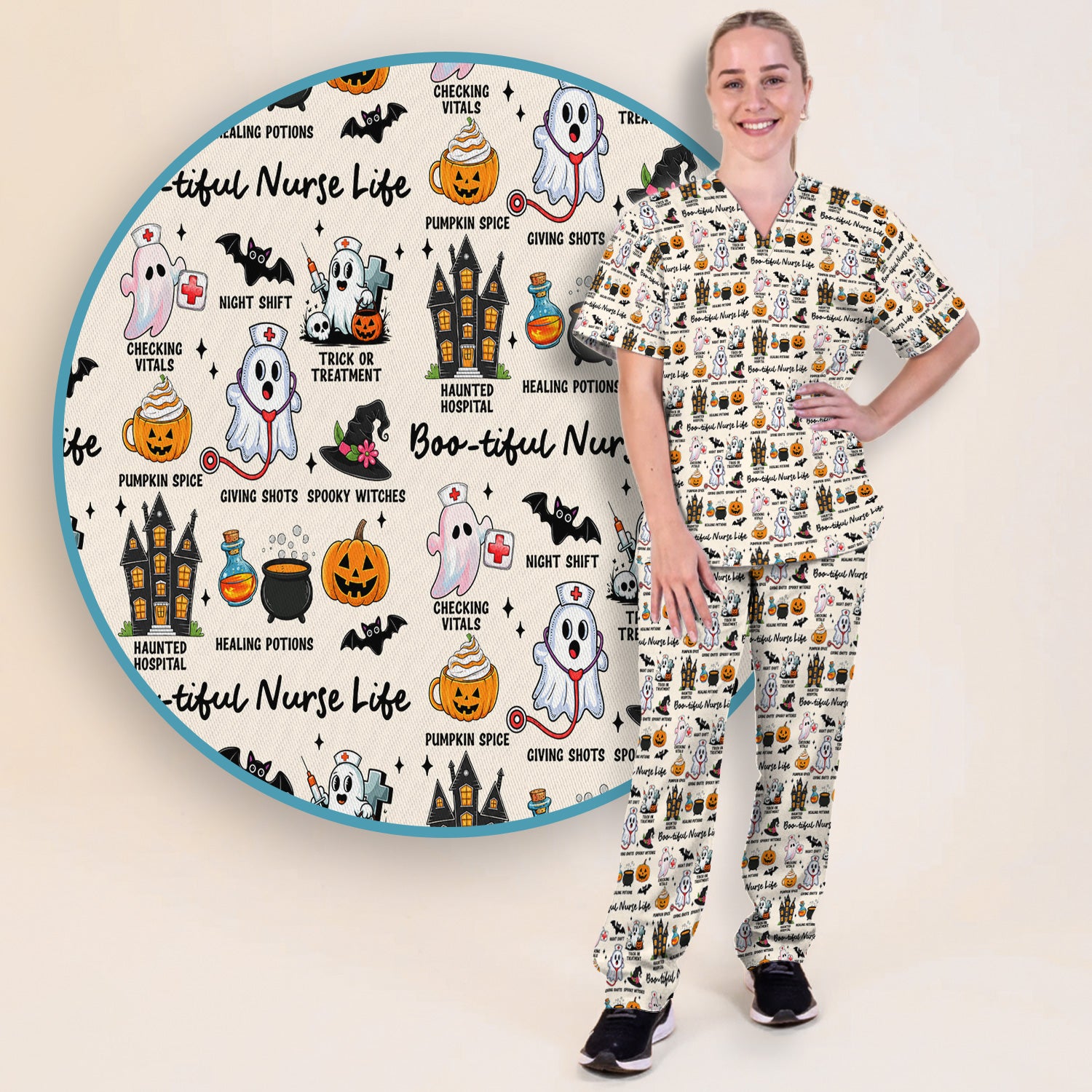 Spooky Halloween Boo-tiful Nurse Life Scrub Set, Scrub Pants and V Neck Top