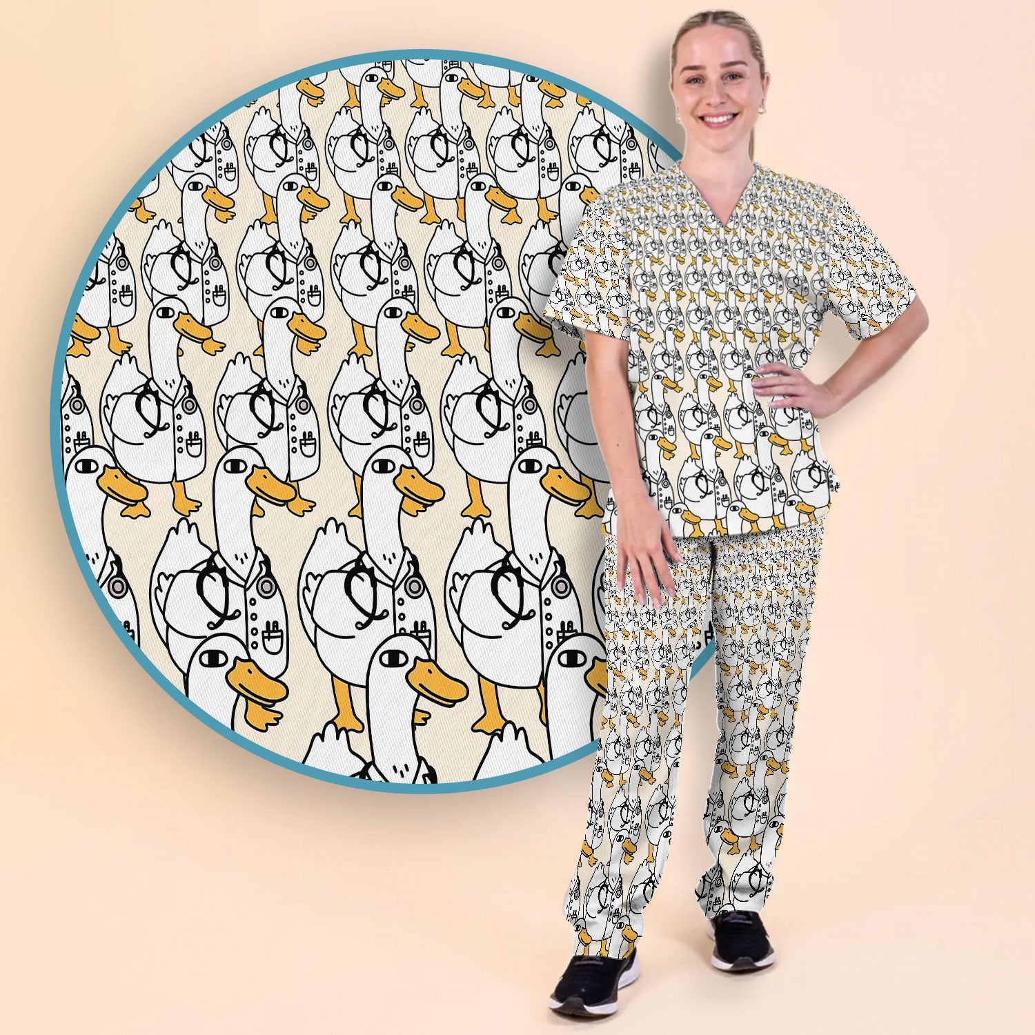 Funny Duck Scrub Set for Women - I'm a Doctor Scrubs Pants and V Neck Top - Cute Duck In The Row - Comfortable Nursing Uniform