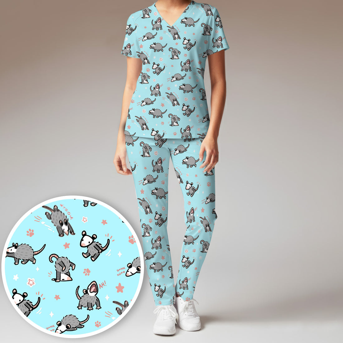 Playful Cartoon Opossum Character Pattern Scrub Set, Women's Scrub Sets