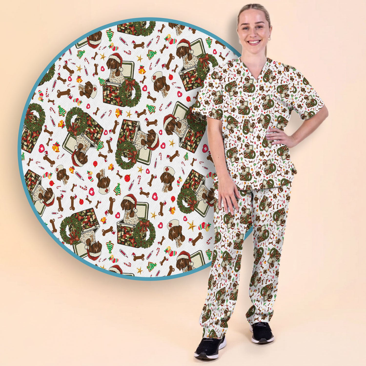 Christmas Dachshund Scrub Set - Cute Sausage Dog Nursing Pants and V Neck Top - Funny Holiday Medical Uniform
