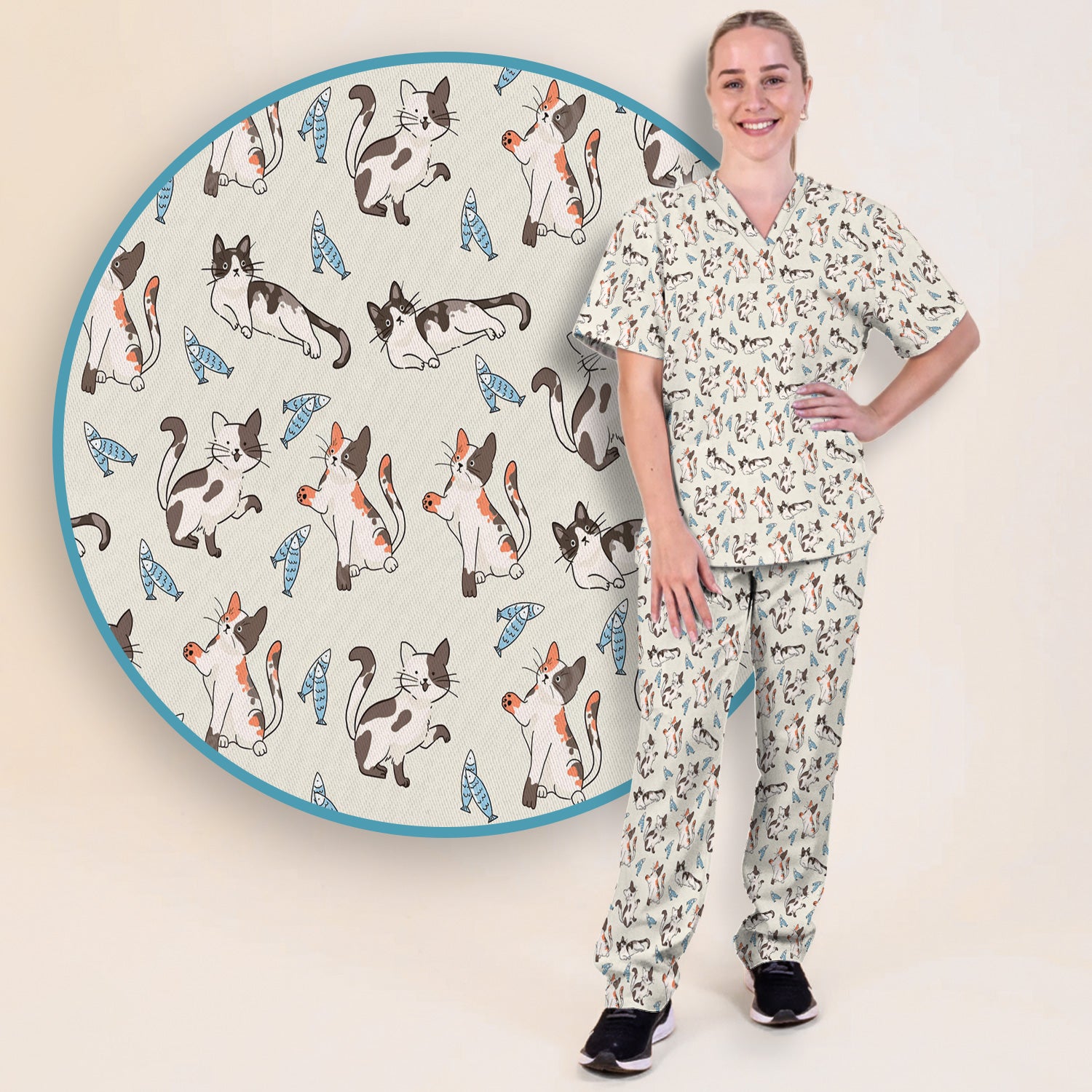 Cute Playful Cats With Fish Pattern Nurse Scrub Set, Scrub Pants and V Neck Top