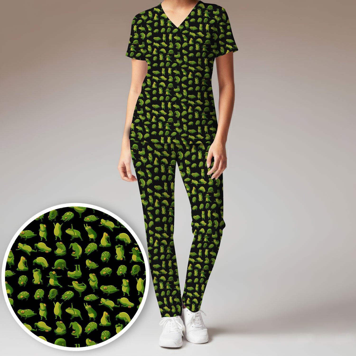 Cute Frog Cartoon Pattern Scrub Set, Breathable Med Uniform