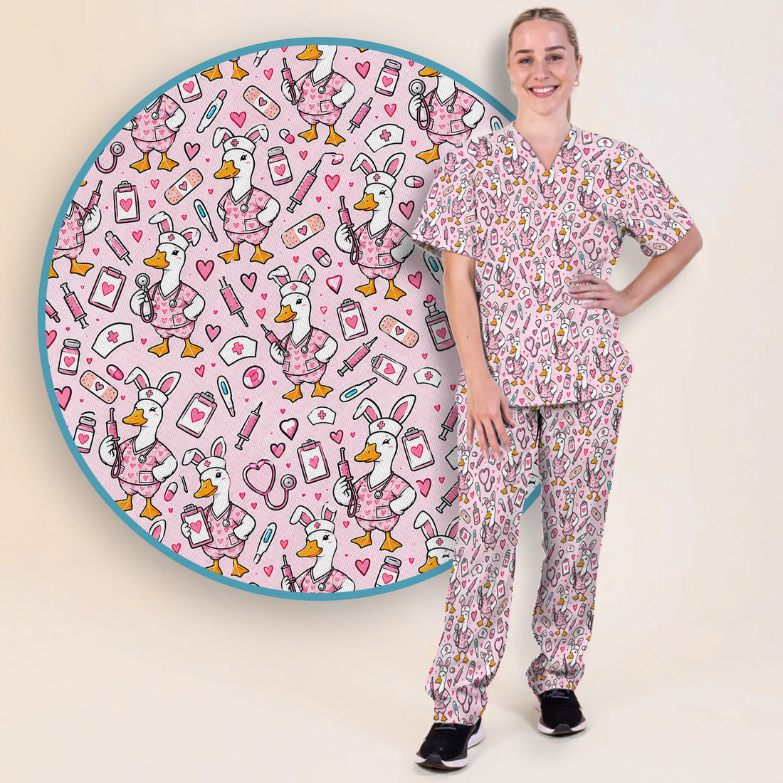 Cute Easter Goose With Bunny Ears Scrub Set, Scrub Pants and V Neck Top