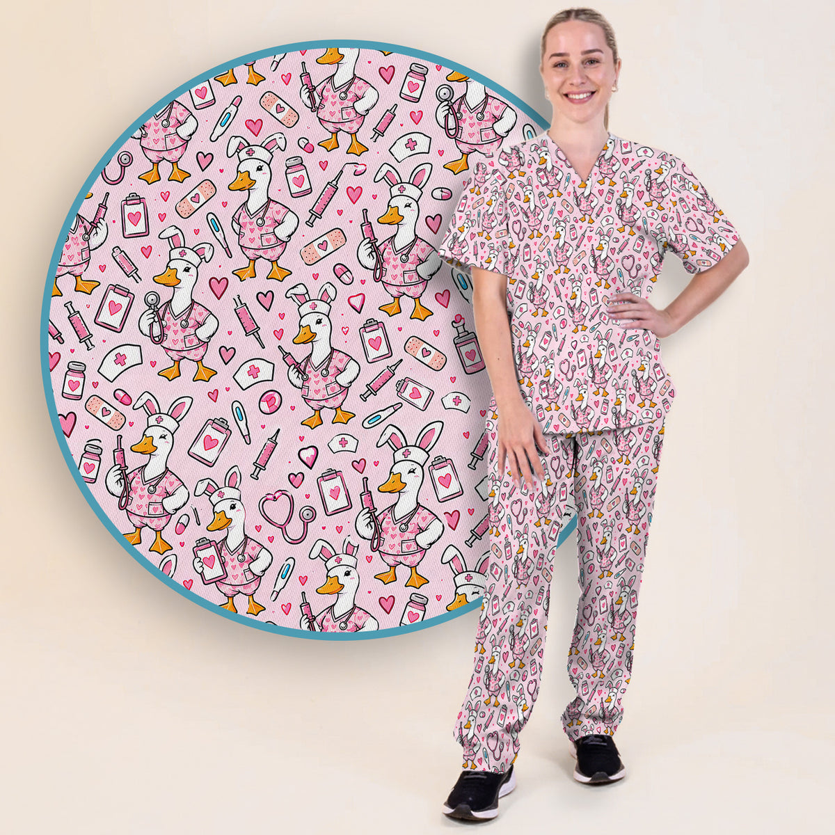 Cute Easter Goose With Bunny Ears Scrub Set, Scrub Pants and V Neck Top