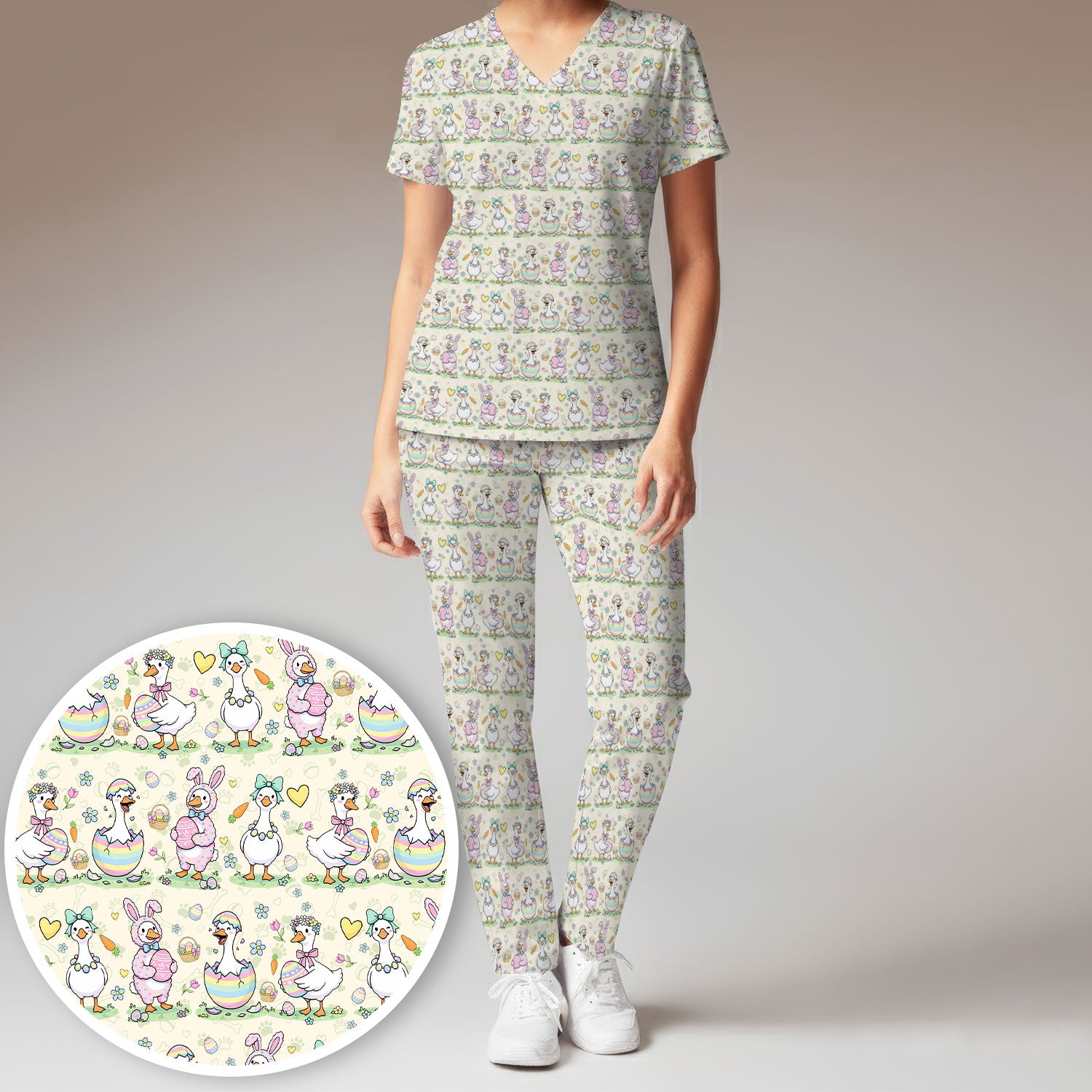Spring Easter Goose and Bunny Print Scrub Set, Breathable Med Uniform
