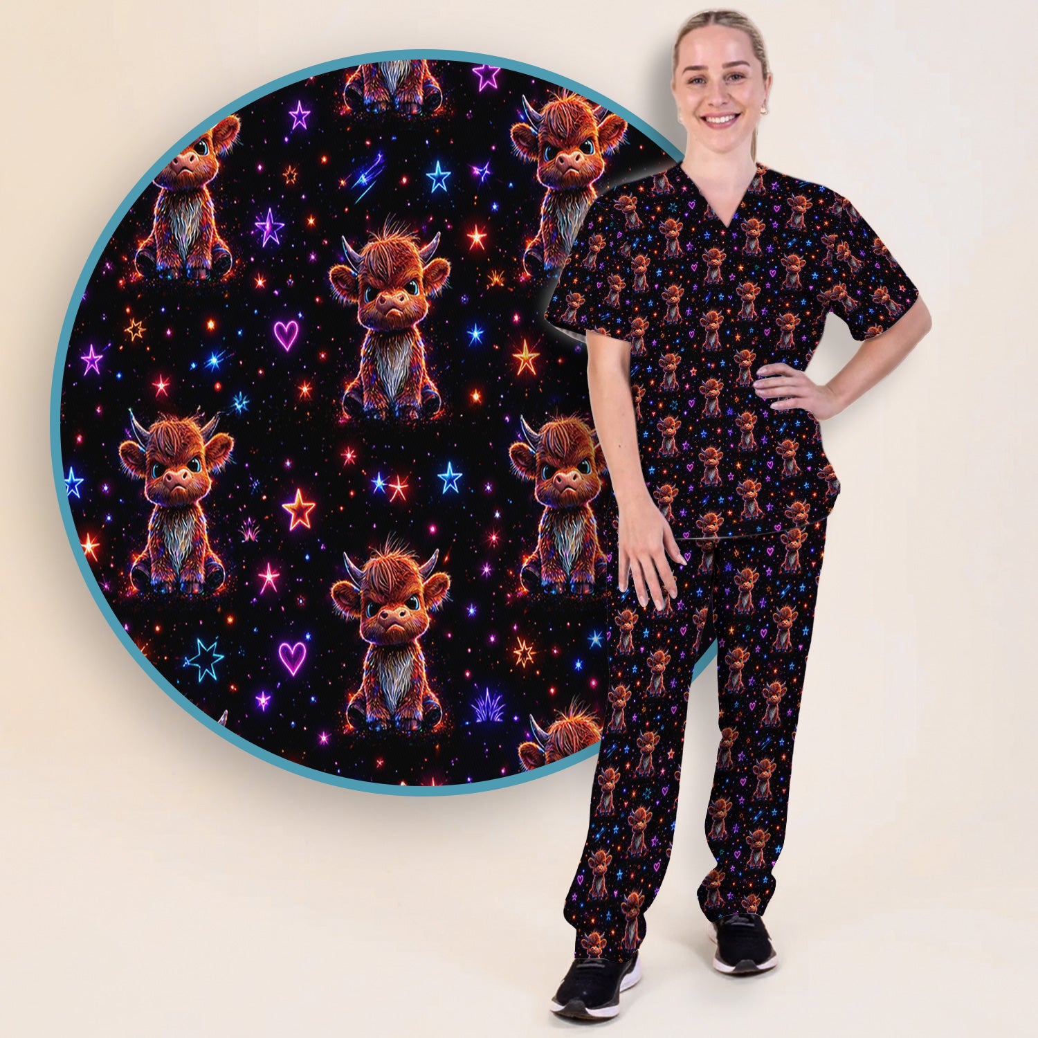 Neon Highland Cow Stars Pattern Scrub Set, Scrub Pants and V Neck Top