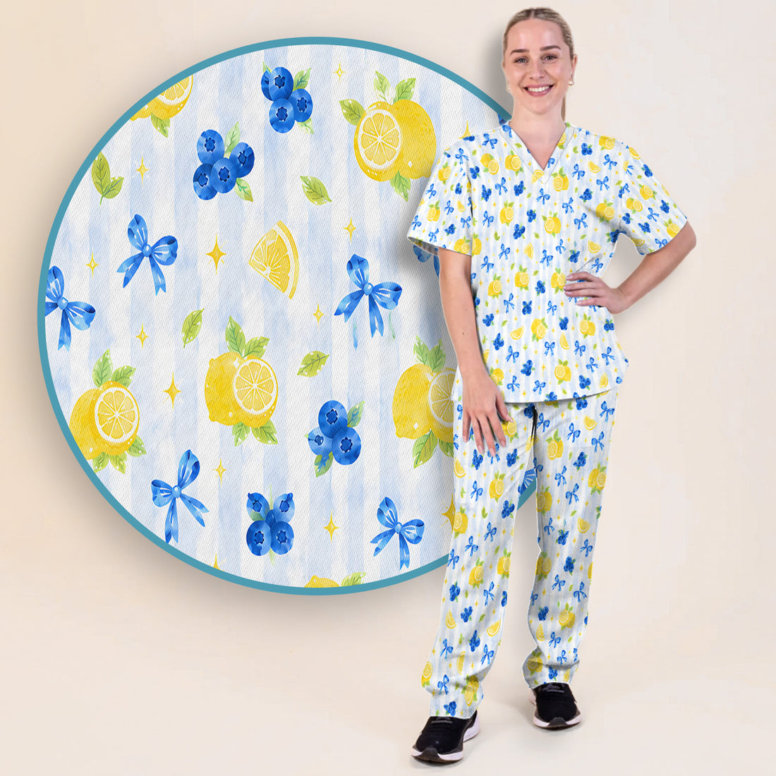 Lemon Blueberry Bow Nurse Print Scrub Set, Scrub Pants and V Neck Top
