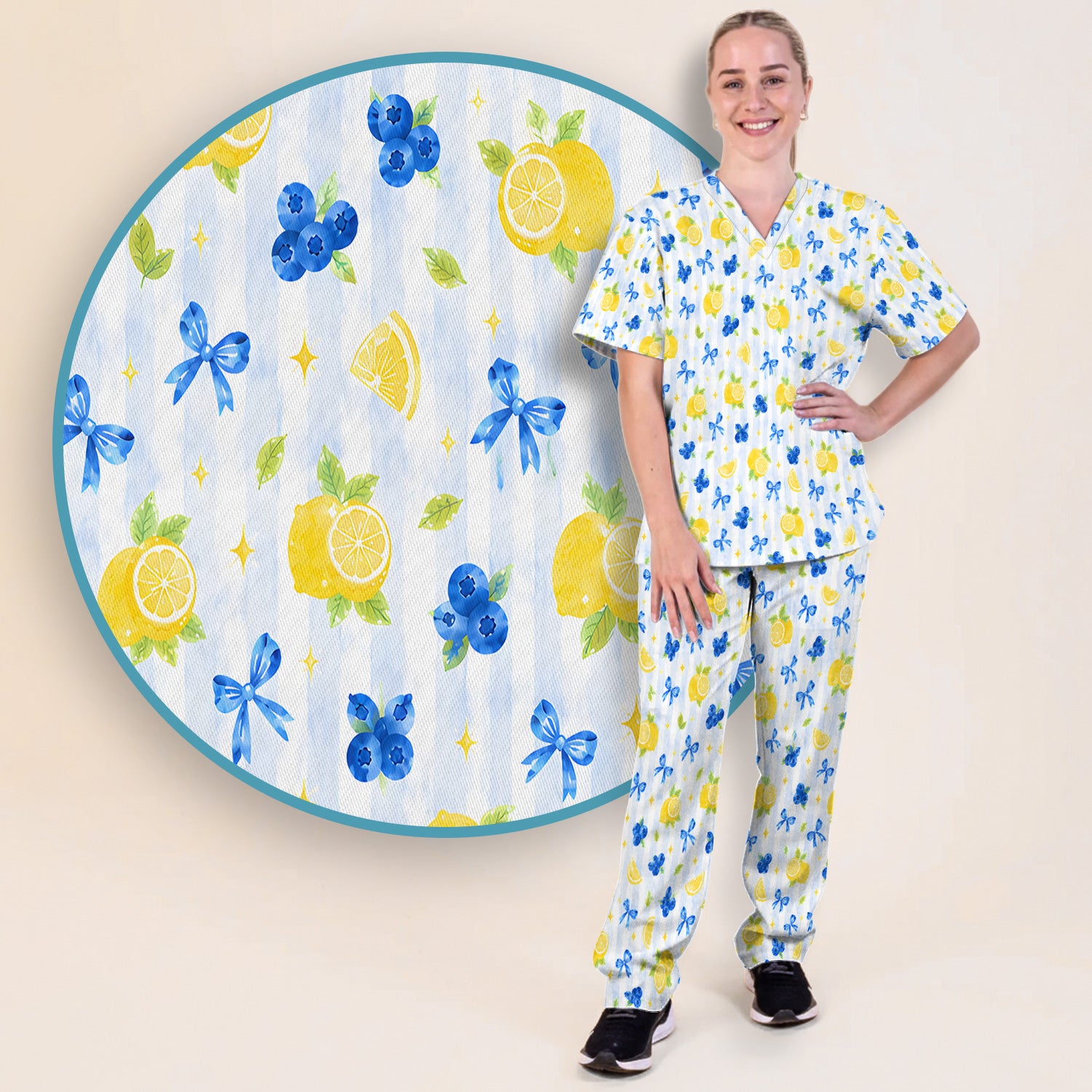 Lemon Blueberry Bow Nurse Print Scrub Set, Scrub Pants and V Neck Top