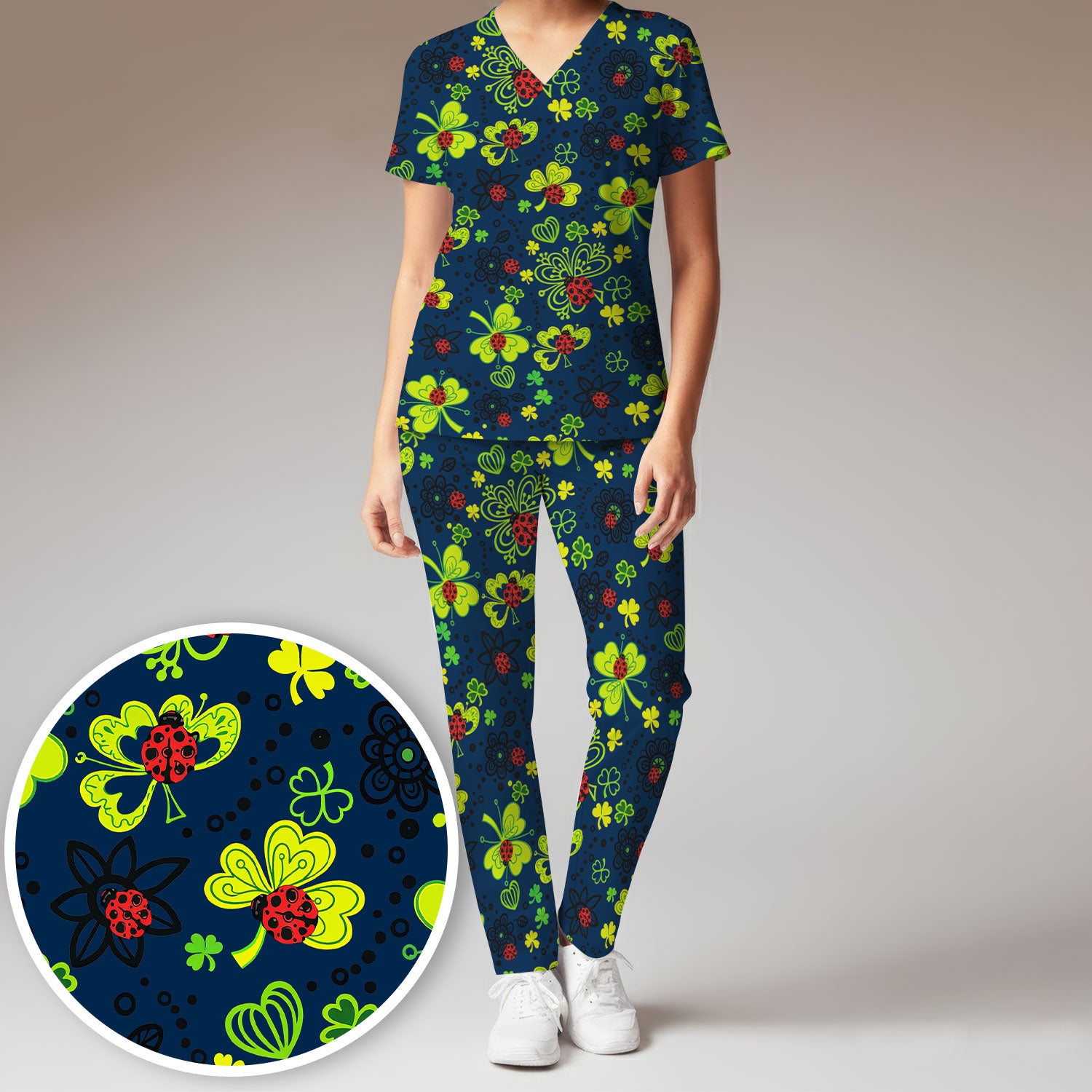 Ladybug Clover Floral Pattern Print Scrub Sets, Scrub Pants and V Neck Top