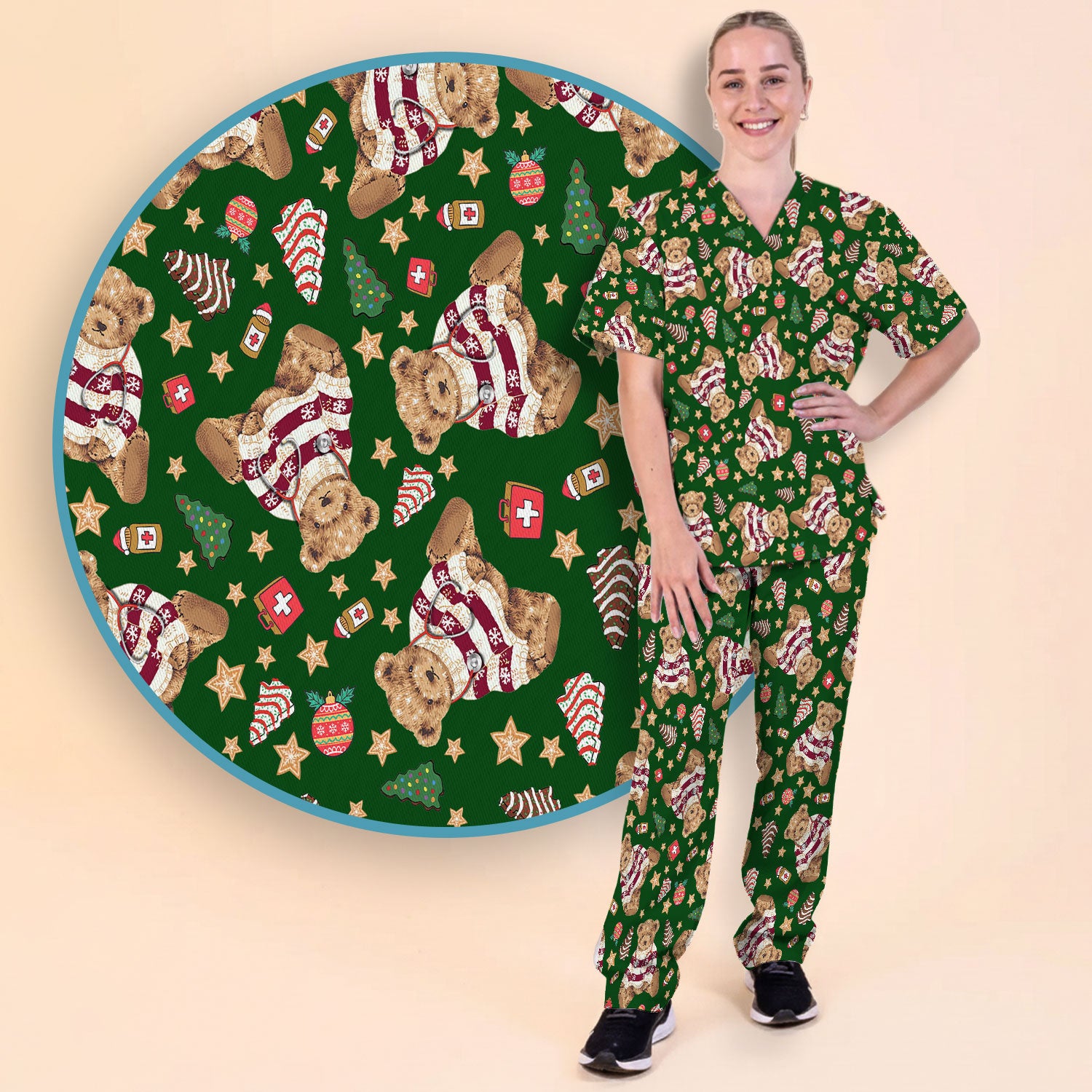 Teddy Bear Christmas Scrub Set - Festive Scrubs Pants and V Neck Top for Women - Gift for Nurses RN CNA LPN