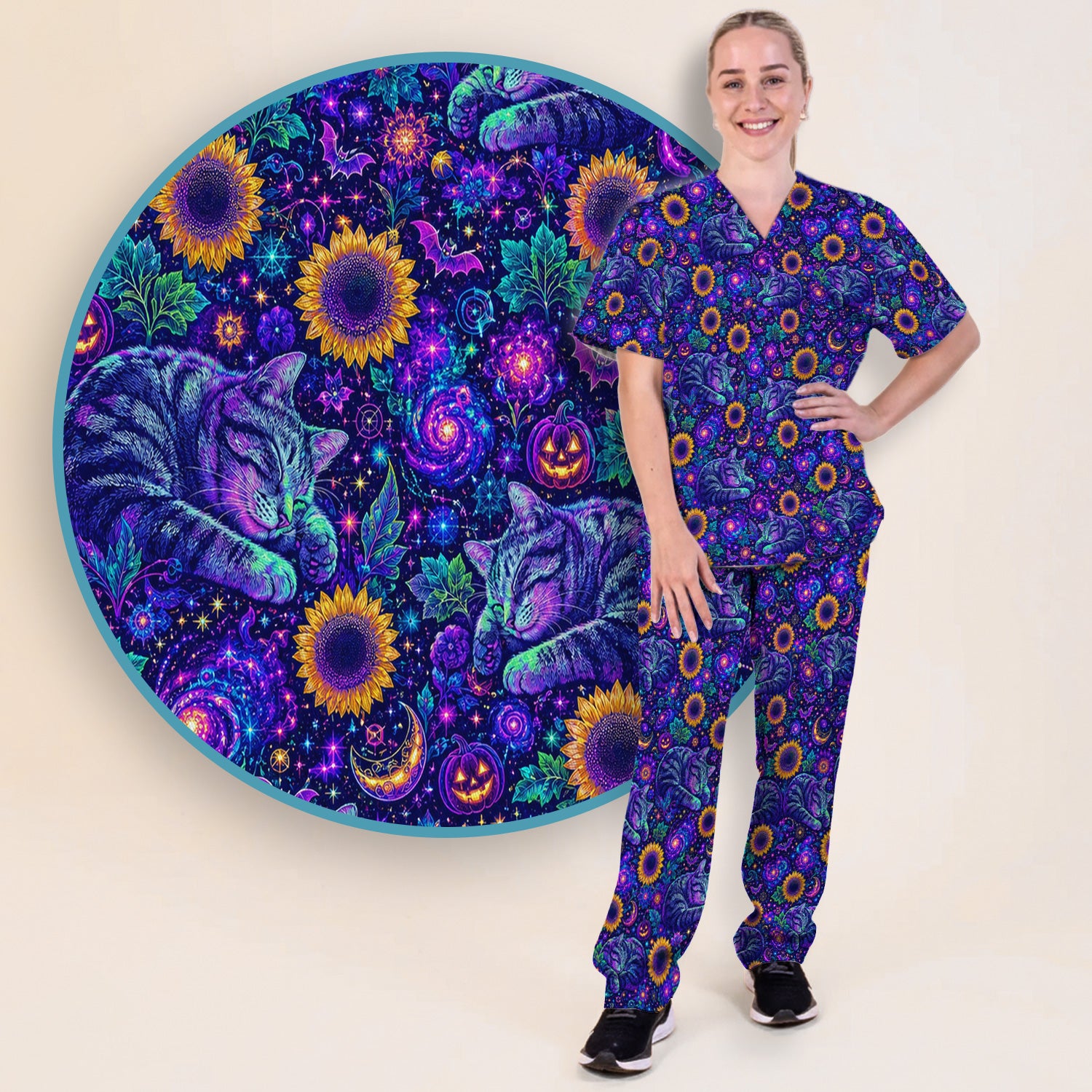 Spooky Galaxy Cat And Sunflowers Scrub Set, Scrub Pants and V Neck Top