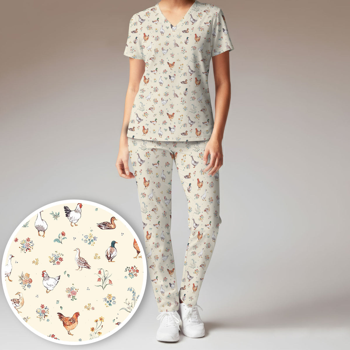 Farm Chicken Duck Floral Pattern Scrubs Sets, Scrub Pants and V Neck Top