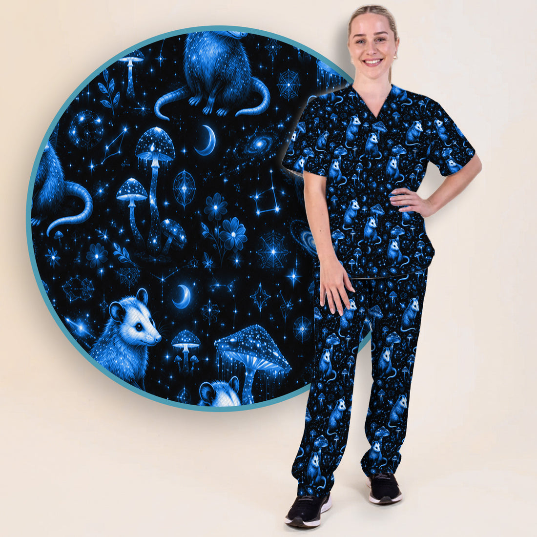 Celestial Blue Opossum With Mushroom Pattern Scrub Set, Scrub Pants and V Neck Top