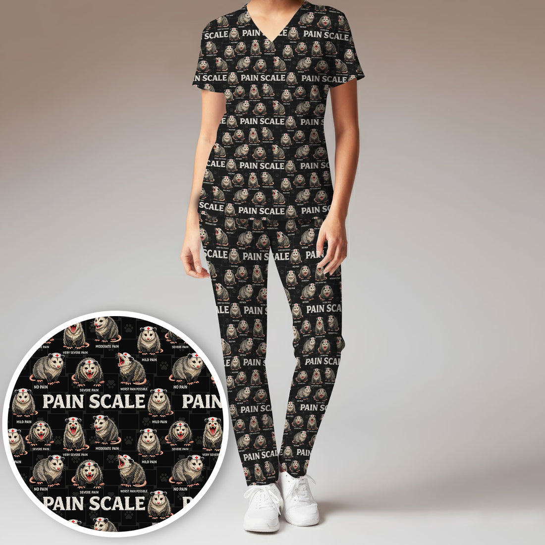 Edgy Possum Pain Scale Nurse Pattern Scrub Set, Scrub Pants and V Neck Top