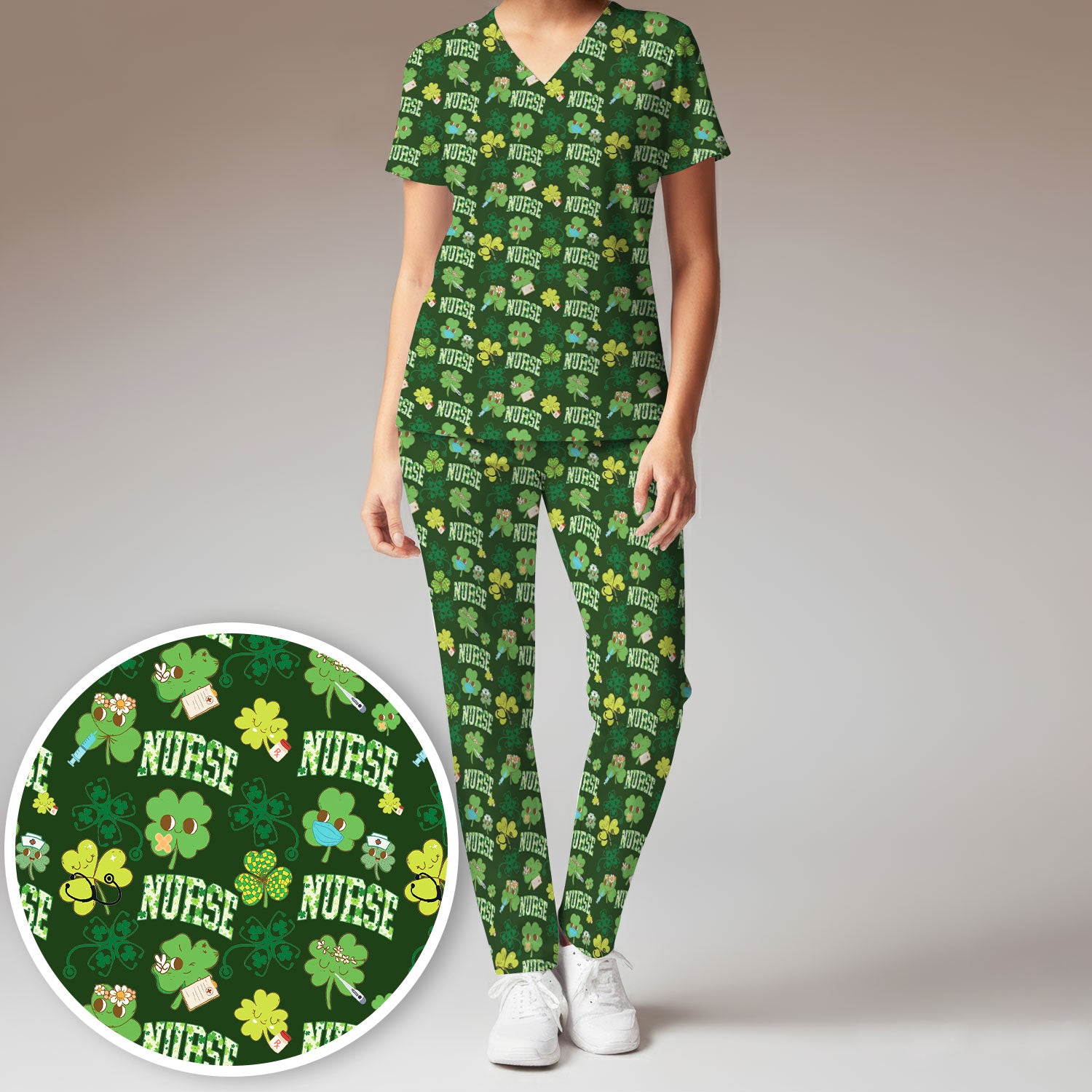 Lucky Shamrock Nurse Scrub Set, St. Patrick’s Day Nursing Shirt, Breathable Fabrics Nursing Uniform