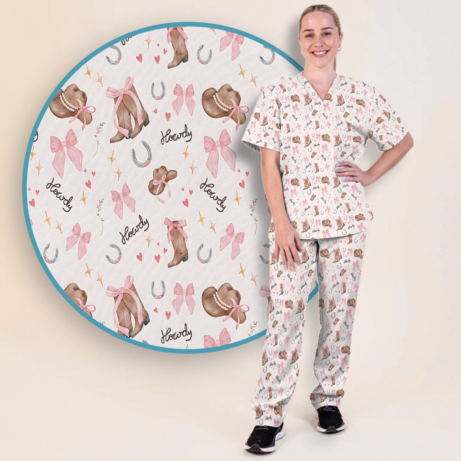 Cute Pink Cowgirl Boots Pattern Scrub Set, Scrub Pants and V Neck Top