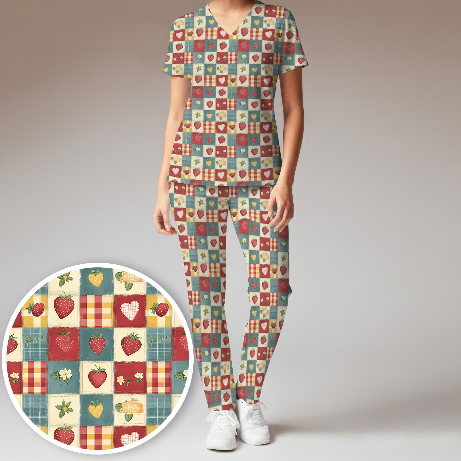 Cute Strawberry Floral Patchwork Pattern Scrubs Sets, Scrub Pants and V Neck Top