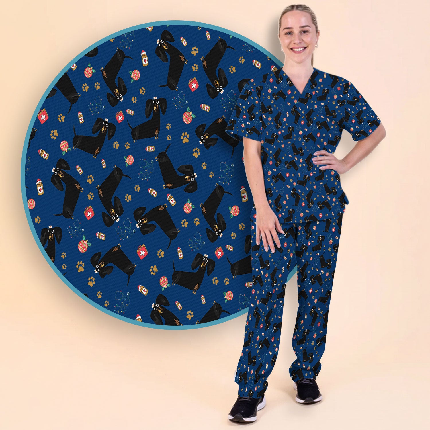 Funny Wiener Dog Scrub Sets for Nurses - Cute Black Dachshund Pants and V Neck Top - Dog Lover Nursing Uniform Gift for Women