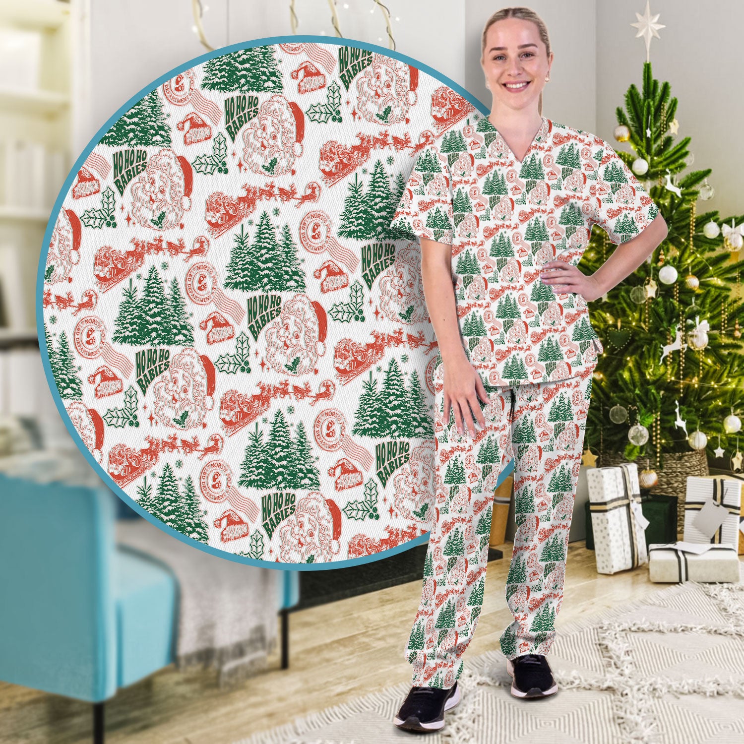 Christmas Santa Scrub Set, Vintage Holiday Nurse Shirt, Festive Medical Uniform For Nursing