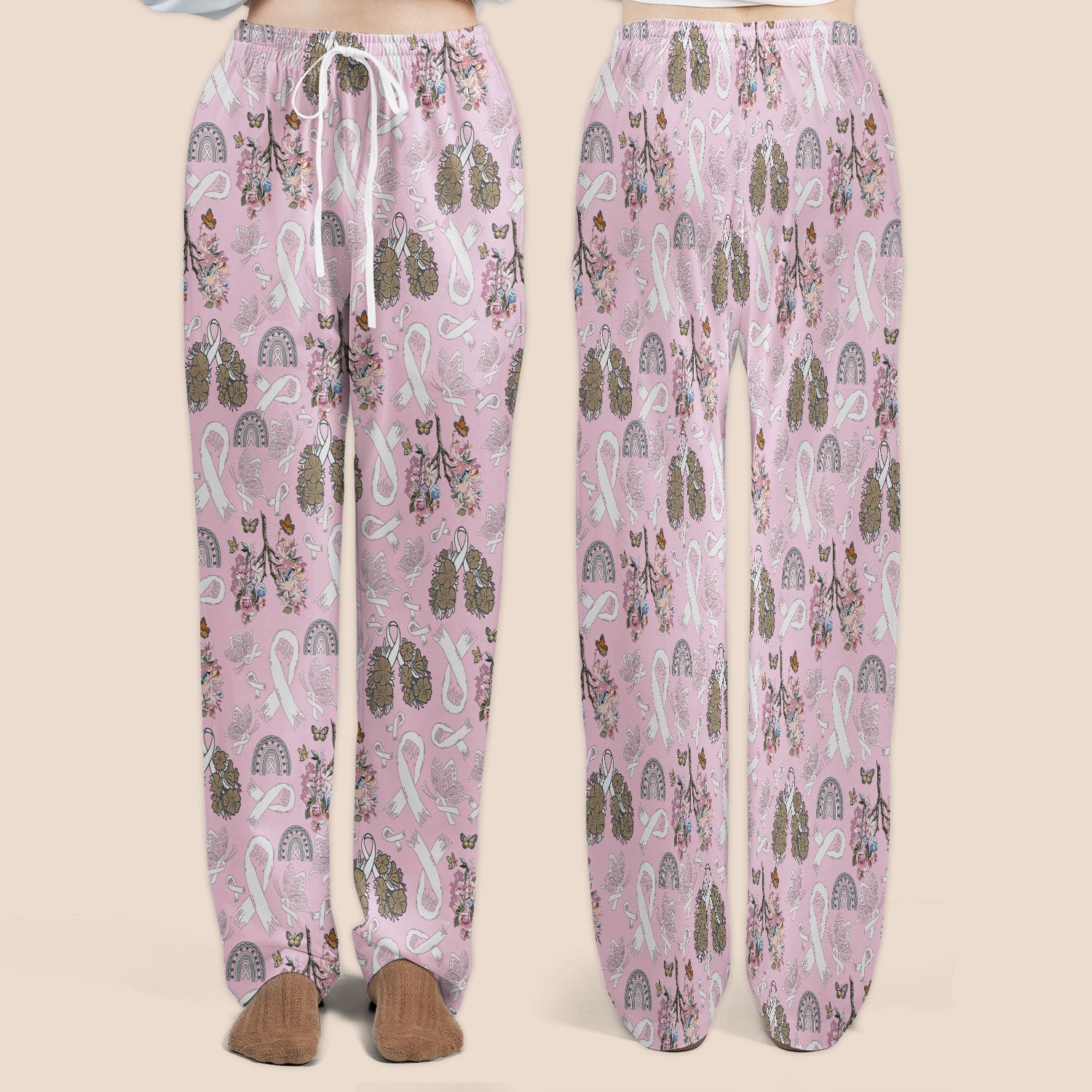 Lung Cancer Awareness Scrub Sets for Nurse - White Ribbon Butterfly Floral Scrub Pants and V Neck Top - Breathable Med Uniform for Women