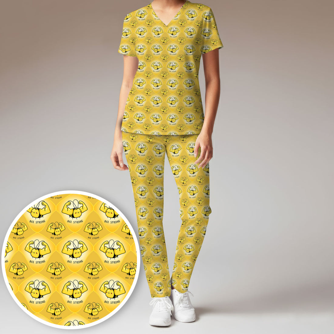 Bee Strong Honey Bee Pattern Scrub Set, Scrub Pants and V Neck Top