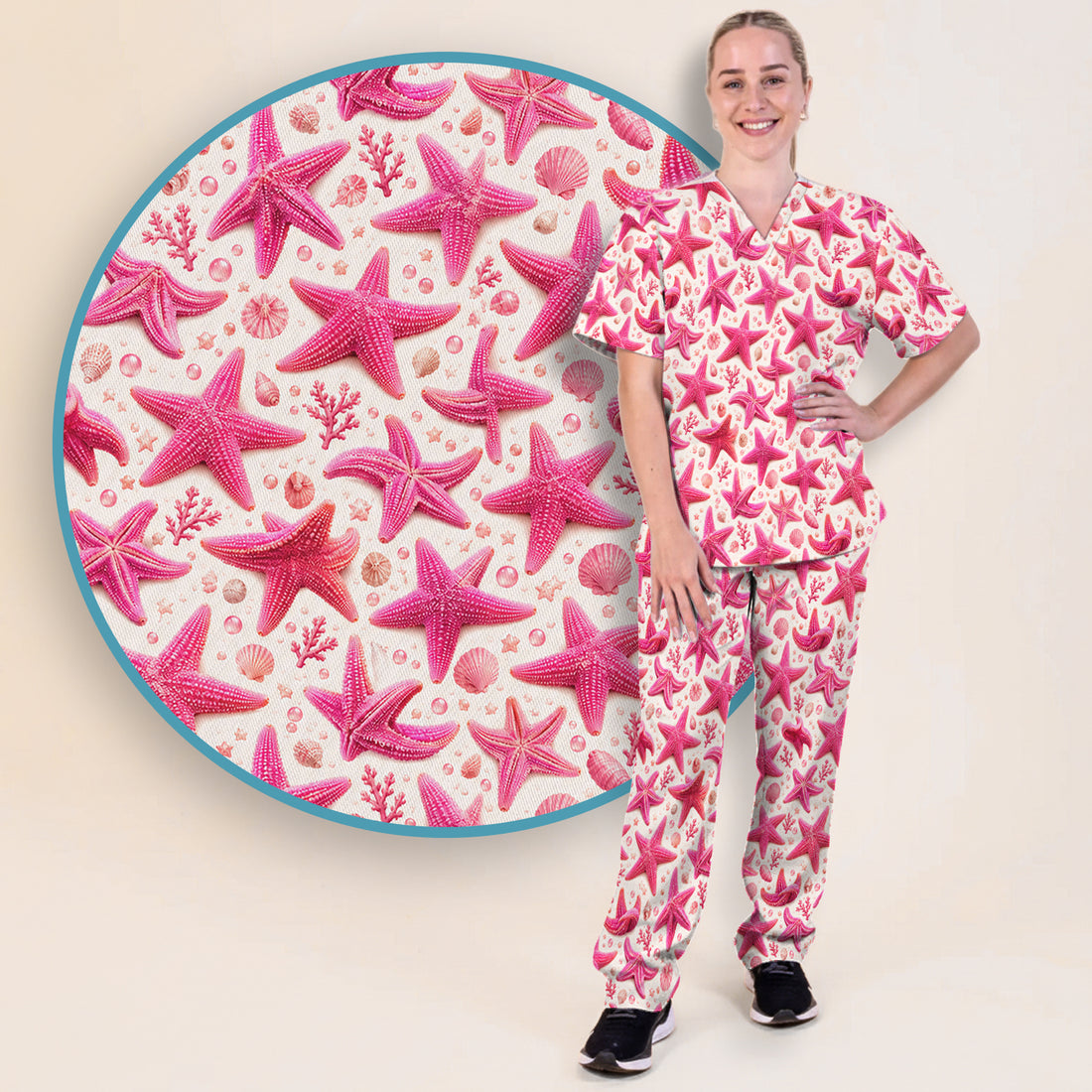 Pink Starfish And Seashell Pattern Scrub Set, Scrub Pants and V Neck Top
