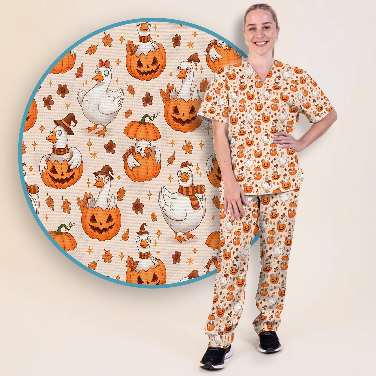 Cute Halloween Goose And Pumpkins Scrub Set, Scrub Pants and V Neck Top
