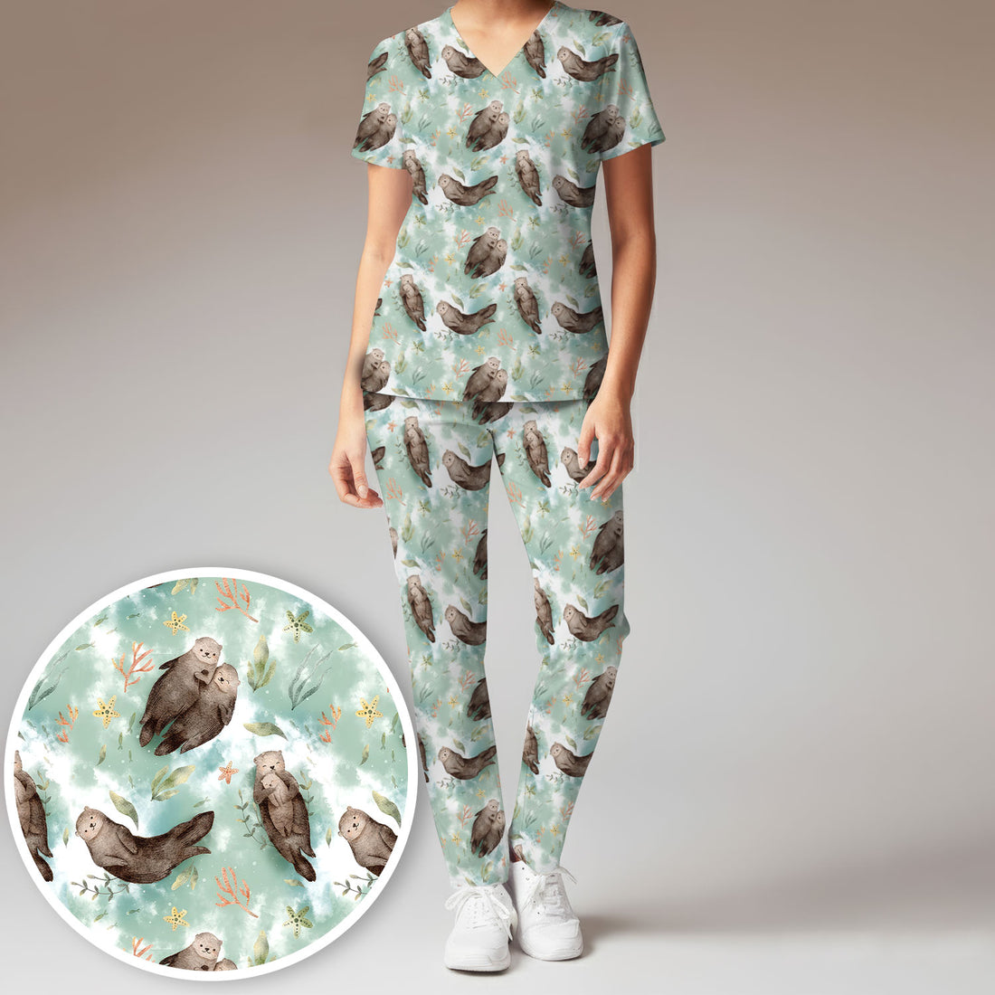 Cute Sea Otter Watercolor Print Scrub Set, Scrub Pants and V Neck Top